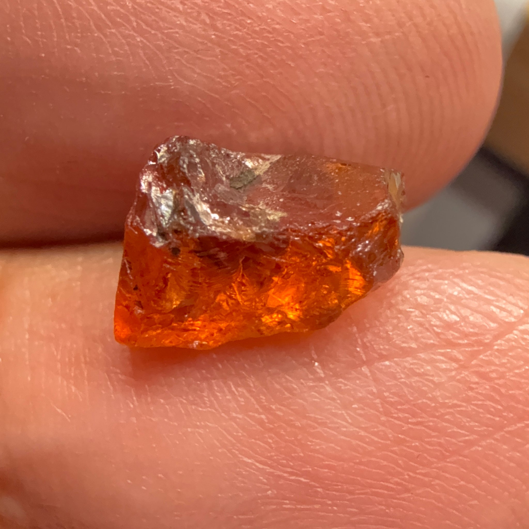 Malaya Garnet, 4.33ct, Tanzania, Untreated Unheated. Slight crack on the outside skin will come off on faceting, rest vvs-if, note the shape though