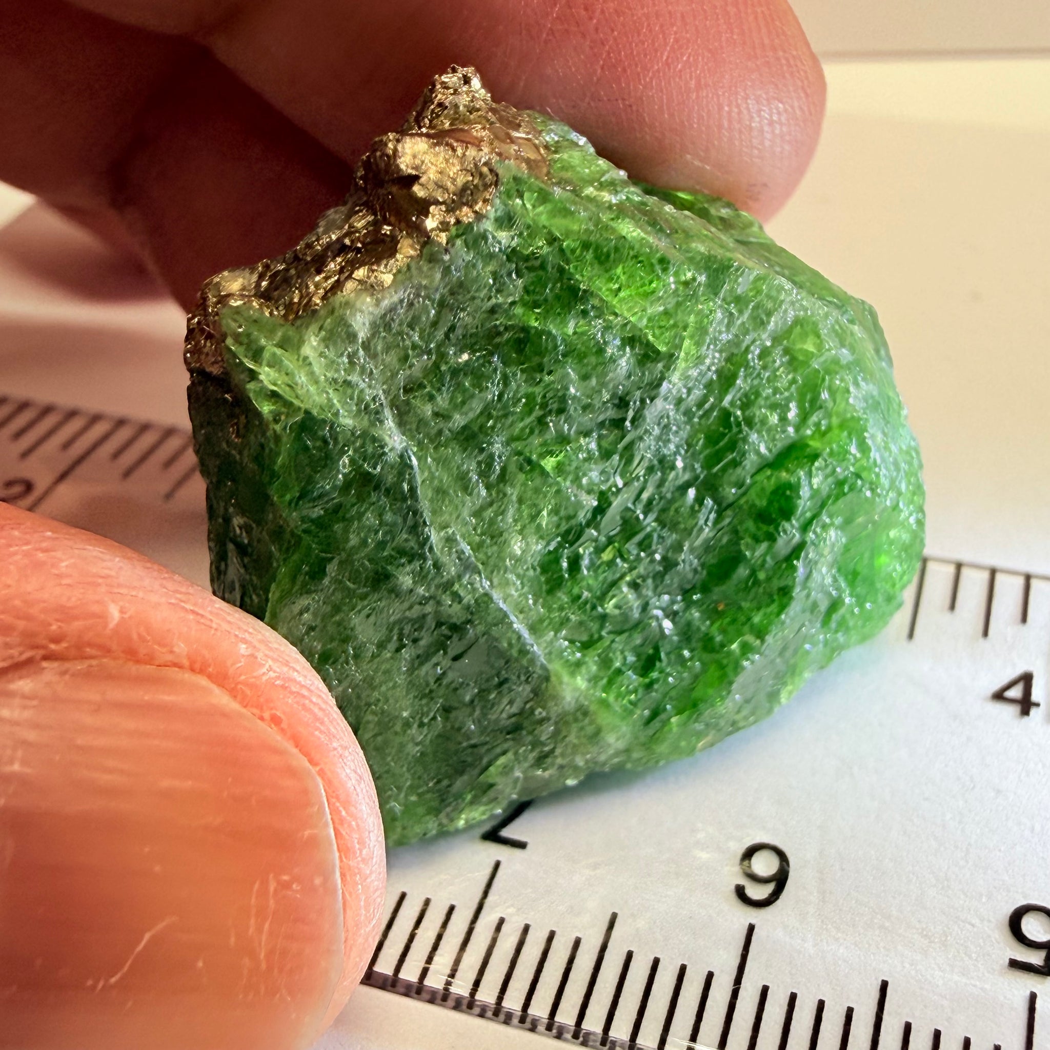 Tsavorite Crystal, Specimen Grade, 126.63ct, Merelani, Tanzania, Untreated Unheated, the flat standup portion is not sliced, it has natural etching on it and sits perfectly flat