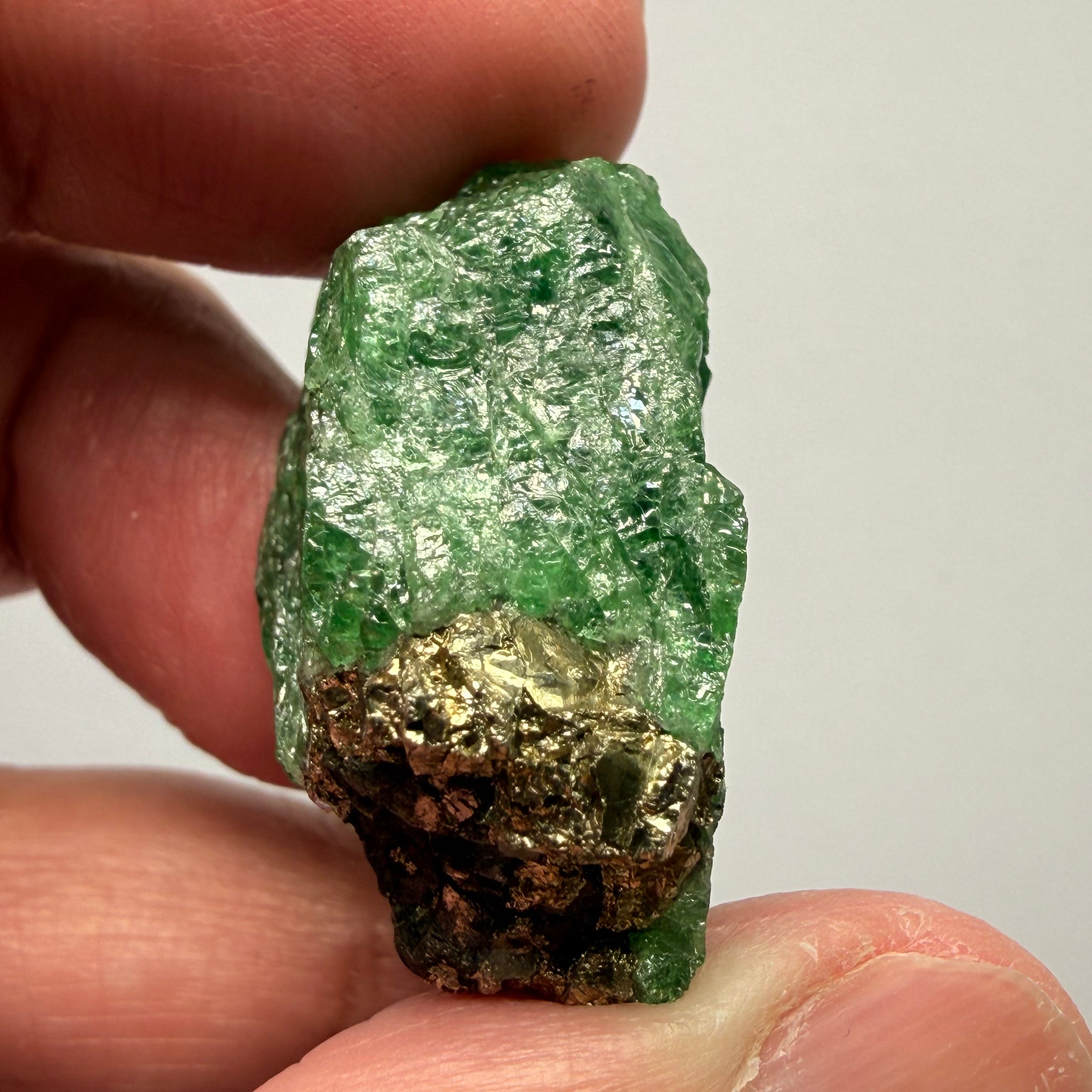 Tsavorite Crystal, Specimen Grade, 126.63ct, Merelani, Tanzania, Untreated Unheated, the flat standup portion is not sliced, it has natural etching on it and sits perfectly flat