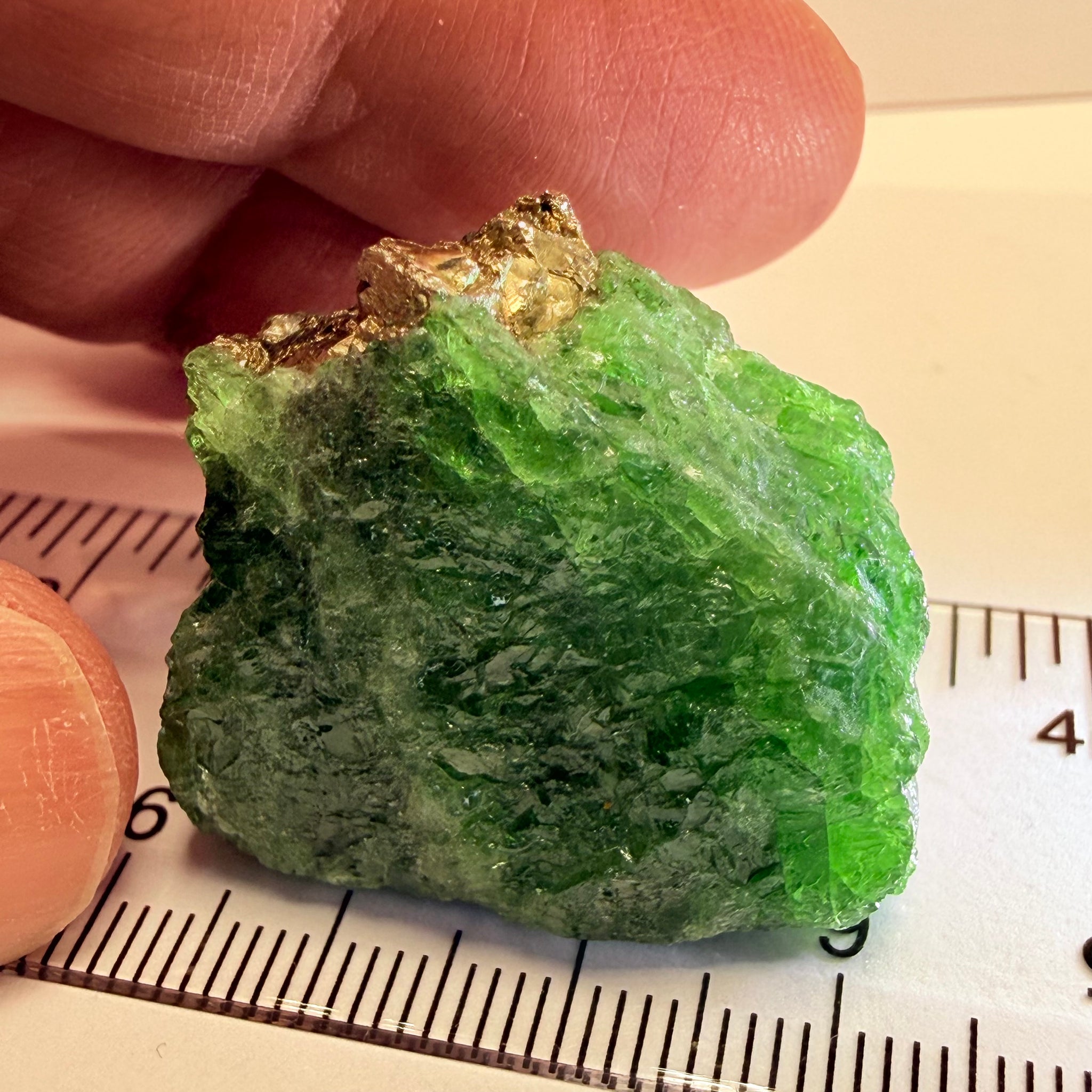 Tsavorite Crystal, Specimen Grade, 126.63ct, Merelani, Tanzania, Untreated Unheated, the flat standup portion is not sliced, it has natural etching on it and sits perfectly flat