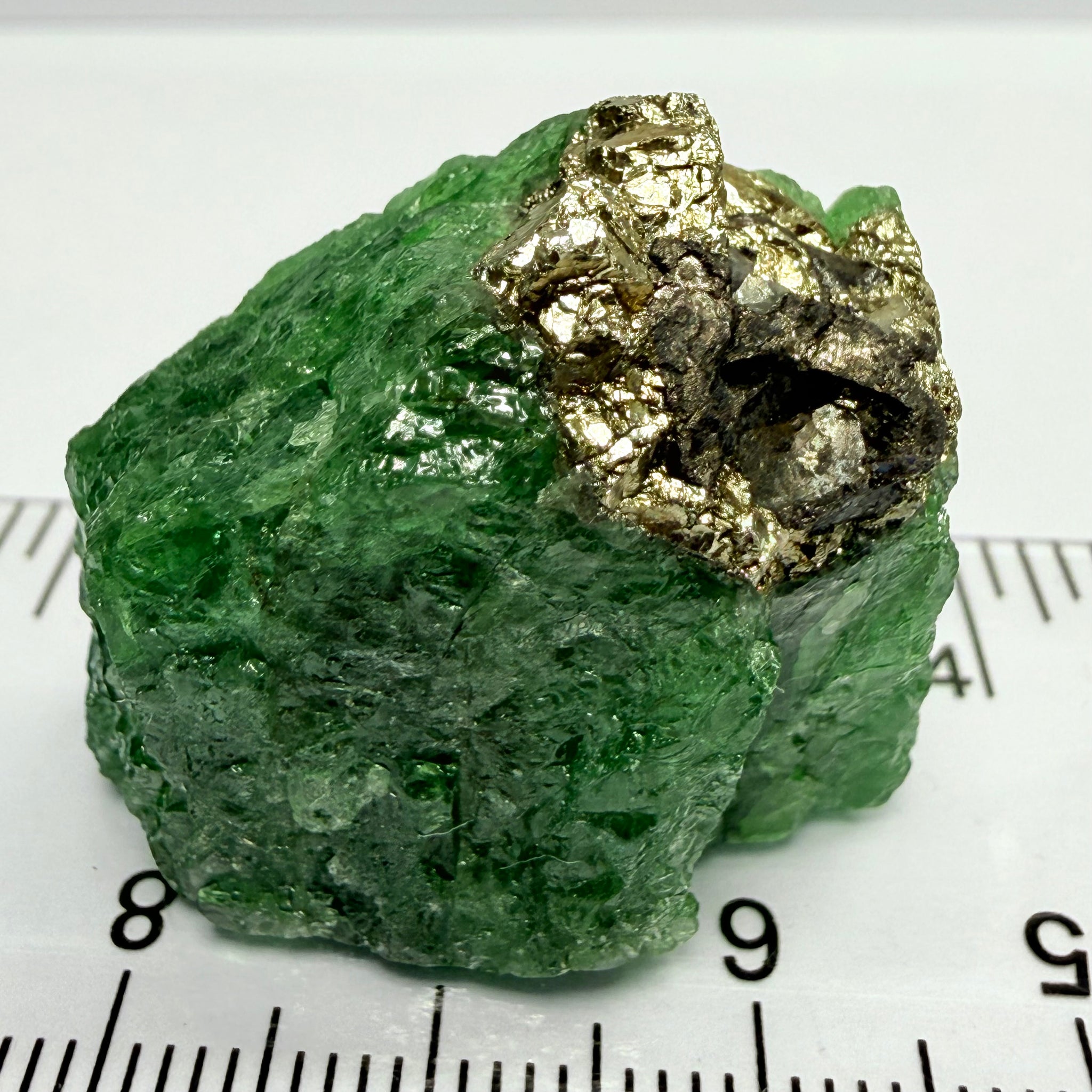 Tsavorite Crystal, Specimen Grade, 126.63ct, Merelani, Tanzania, Untreated Unheated, the flat standup portion is not sliced, it has natural etching on it and sits perfectly flat