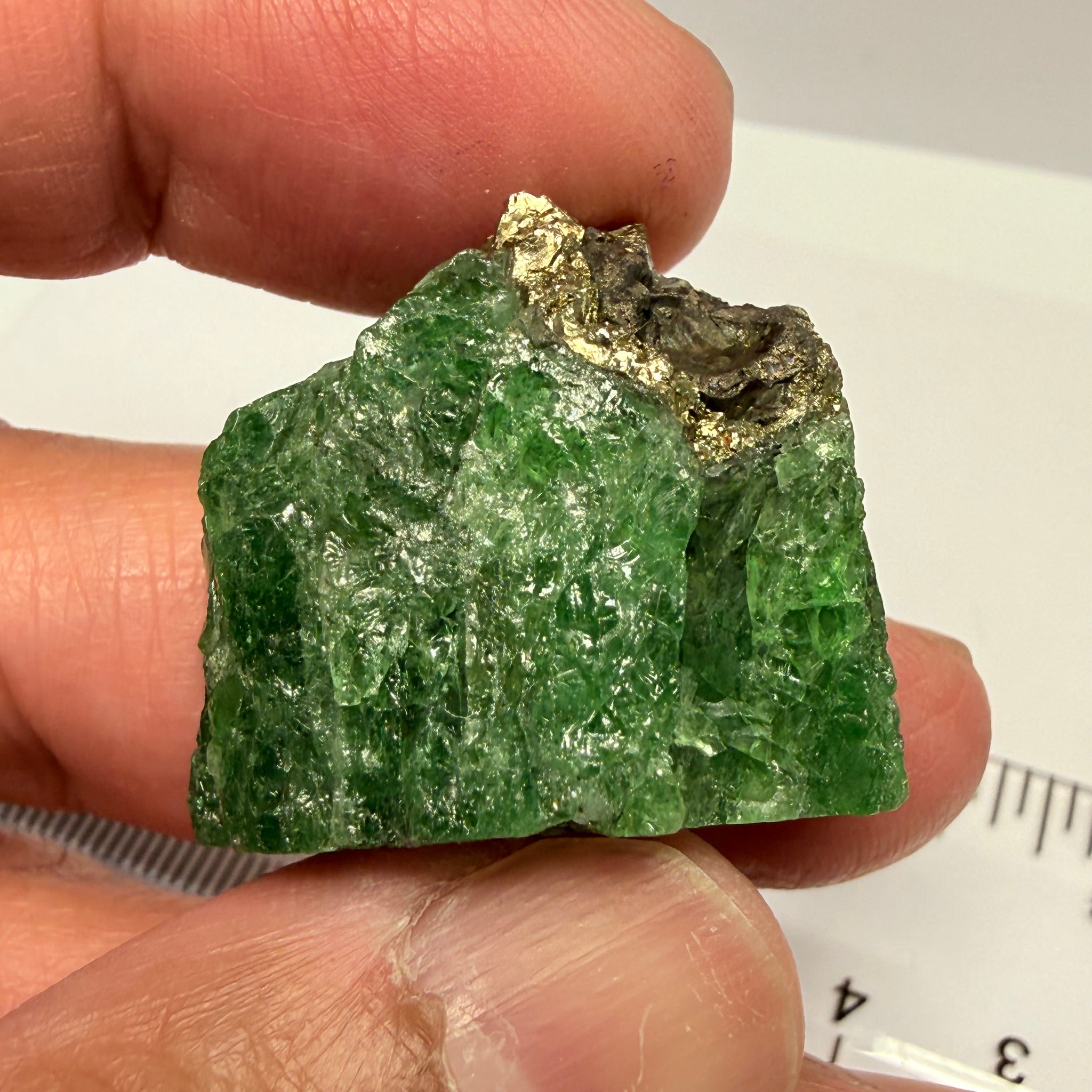 Tsavorite Crystal, Specimen Grade, 126.63ct, Merelani, Tanzania, Untreated Unheated, the flat standup portion is not sliced, it has natural etching on it and sits perfectly flat