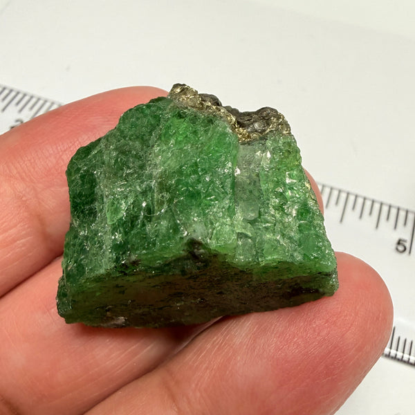 Tsavorite Crystal, Specimen Grade, 126.63ct, Merelani, Tanzania, Untreated Unheated, the flat standup portion is not sliced, it has natural etching on it and sits perfectly flat