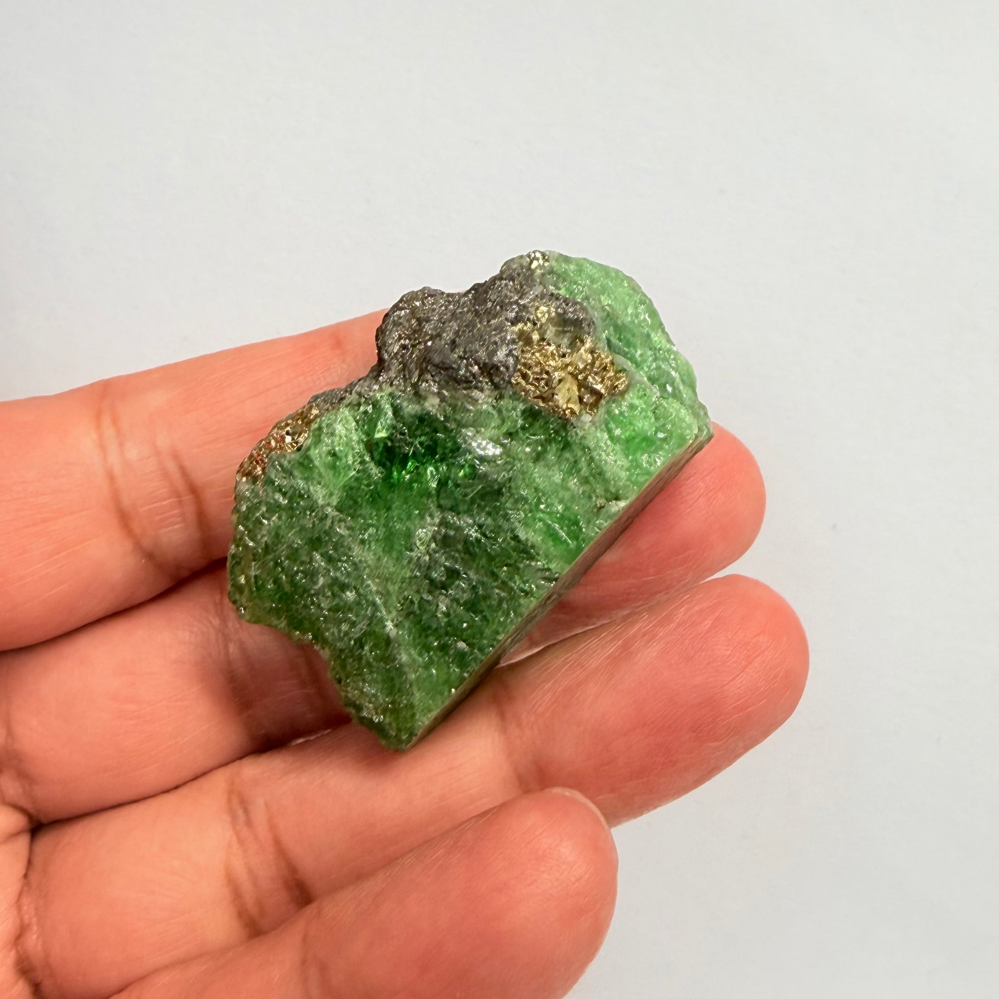 Tsavorite Crystal, Specimen Grade, 233.89ct, Merelani, Tanzania, Untreated Unheated, the flat standup portion is not sliced, it has natural etching on it and sits perfectly flat