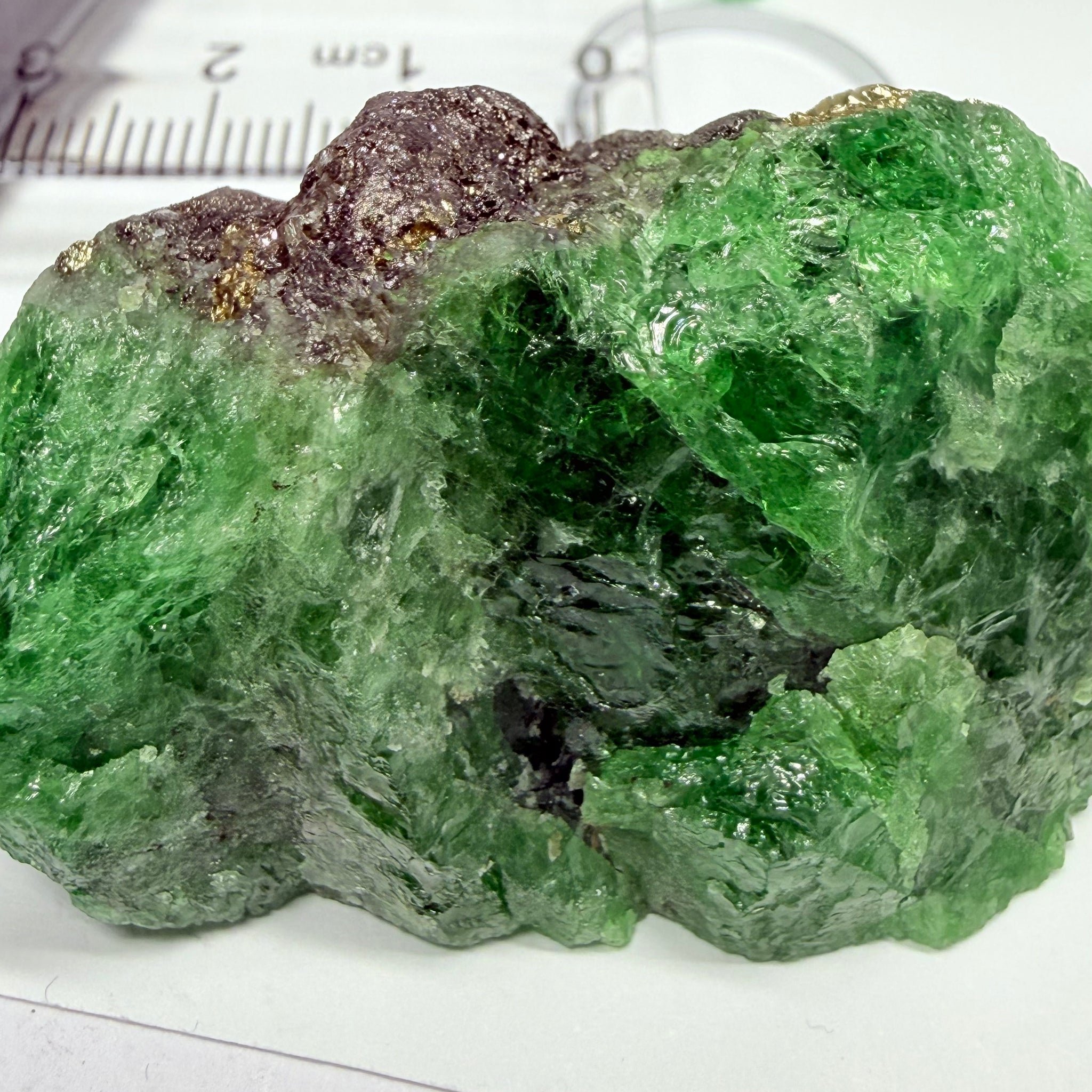 Tsavorite Crystal, Specimen Grade, 233.89ct, Merelani, Tanzania, Untreated Unheated, the flat standup portion is not sliced, it has natural etching on it and sits perfectly flat