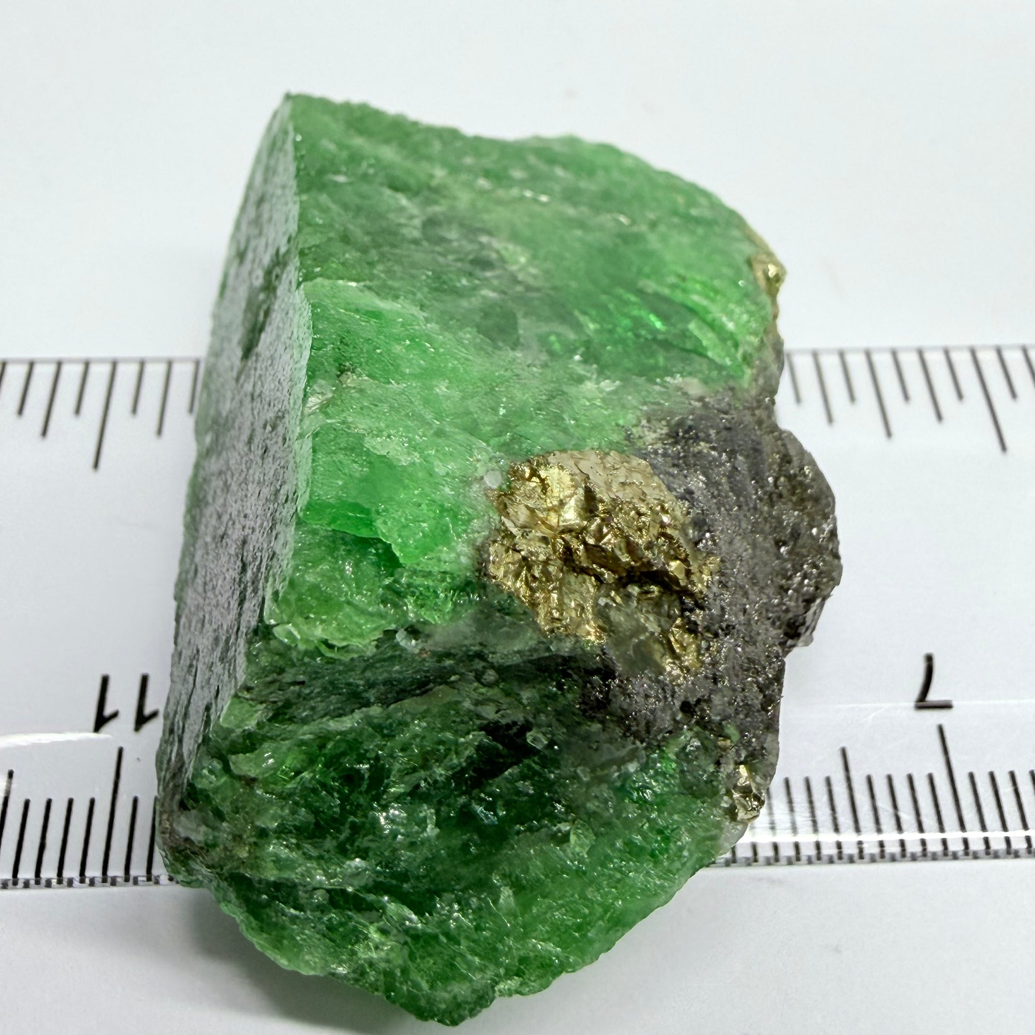 Tsavorite Crystal, Specimen Grade, 233.89ct, Merelani, Tanzania, Untreated Unheated, the flat standup portion is not sliced, it has natural etching on it and sits perfectly flat