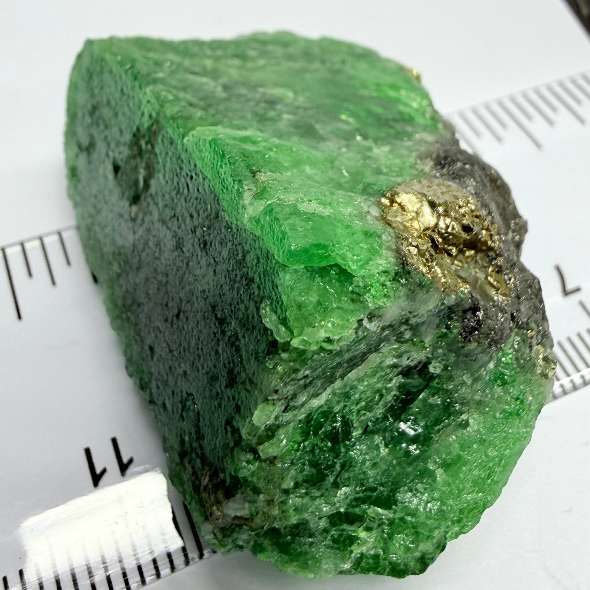 Tsavorite Crystal, Specimen Grade, 233.89ct, Merelani, Tanzania, Untreated Unheated, the flat standup portion is not sliced, it has natural etching on it and sits perfectly flat