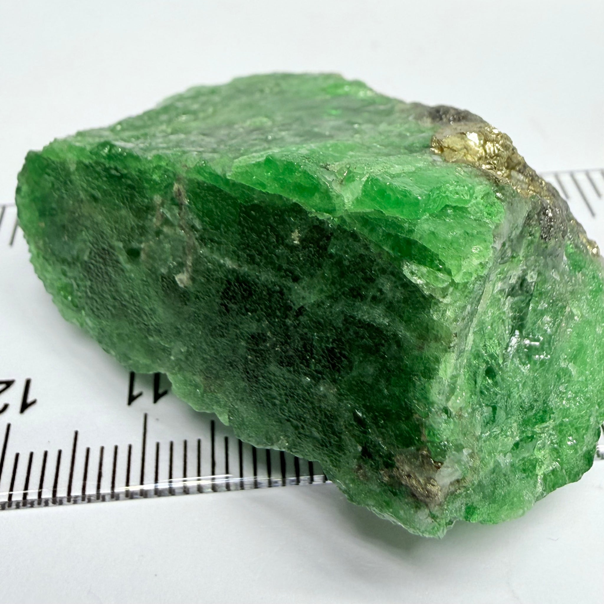 Tsavorite Crystal, Specimen Grade, 233.89ct, Merelani, Tanzania, Untreated Unheated, the flat standup portion is not sliced, it has natural etching on it and sits perfectly flat
