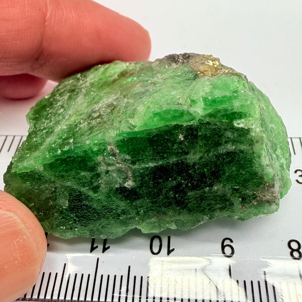 Tsavorite Crystal, Specimen Grade, 233.89ct, Merelani, Tanzania, Untreated Unheated, the flat standup portion is not sliced, it has natural etching on it and sits perfectly flat