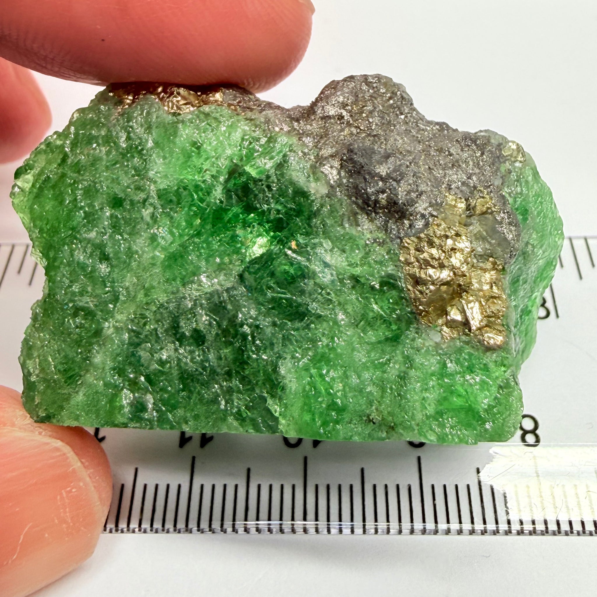 Tsavorite Crystal, Specimen Grade, 233.89ct, Merelani, Tanzania, Untreated Unheated, the flat standup portion is not sliced, it has natural etching on it and sits perfectly flat