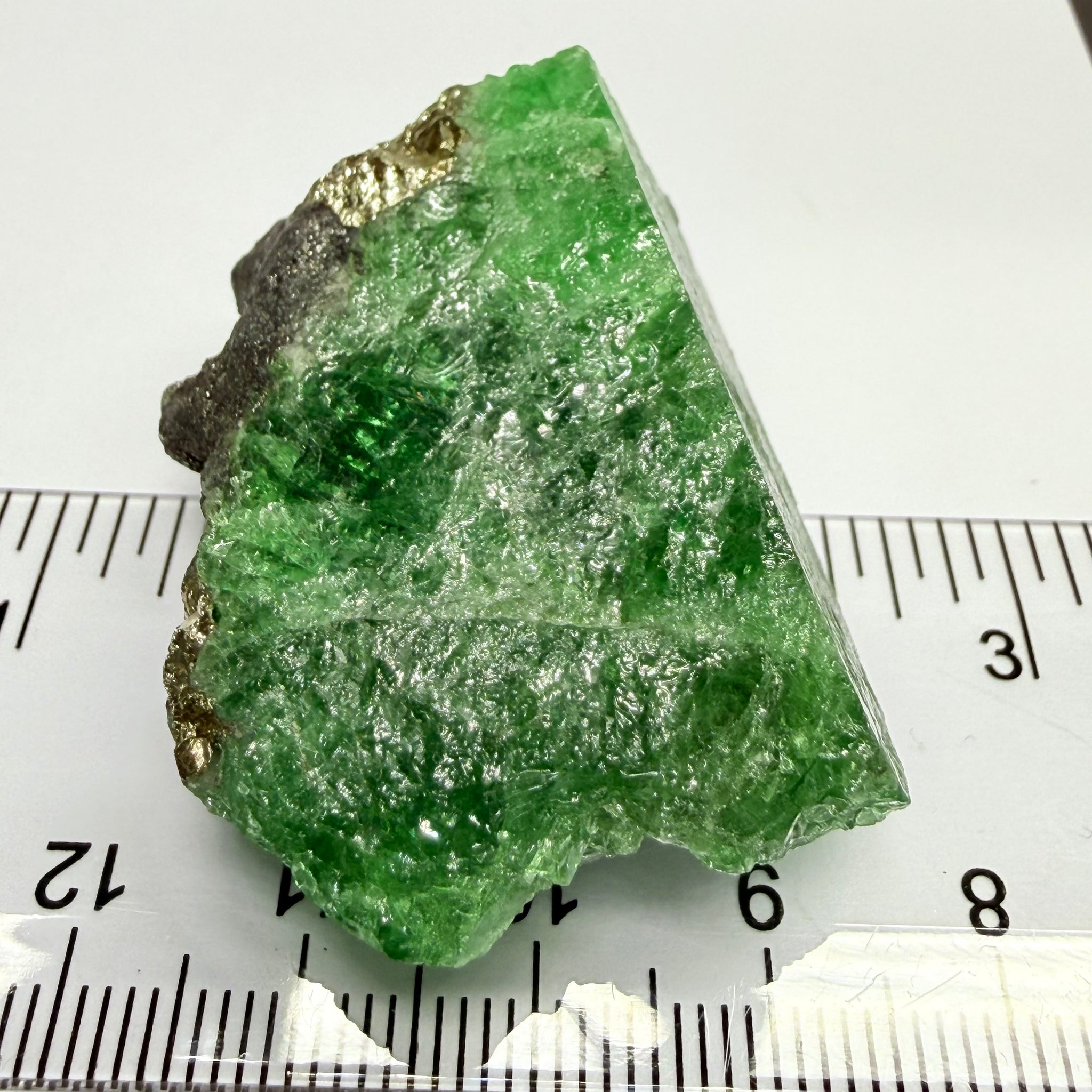 Tsavorite Crystal, Specimen Grade, 233.89ct, Merelani, Tanzania, Untreated Unheated, the flat standup portion is not sliced, it has natural etching on it and sits perfectly flat