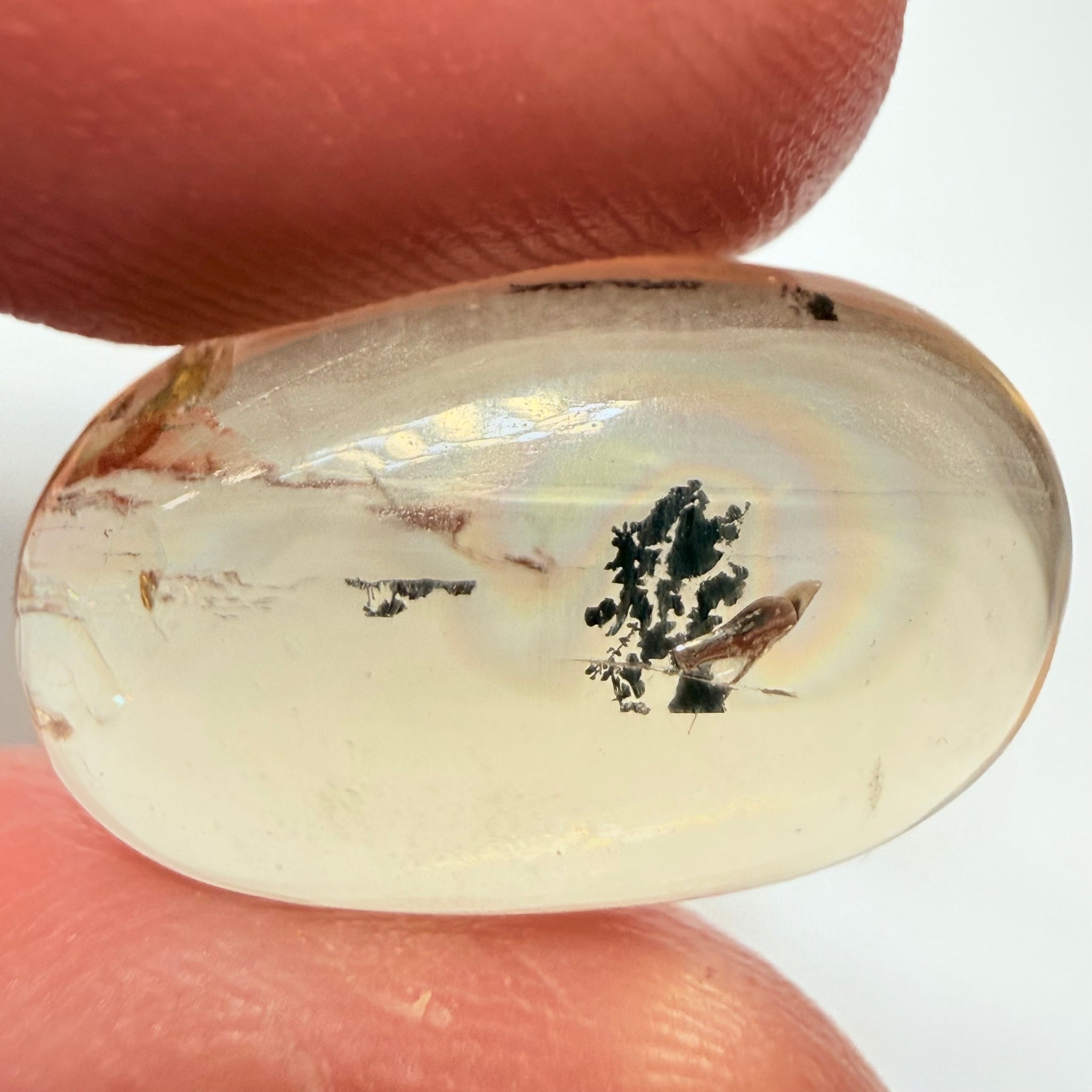 Golden Scapolite Cabochon with a dendrite, and a halo forming around the dendrite from a fracture, 11.53ct, Tanzania, Untreated Unheated