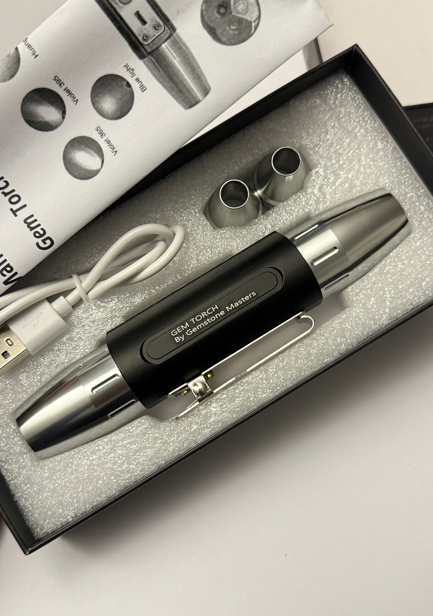 Gem Torch by Gemstone Masters, 6 function gem torch, strong power UV 365nm and 395nm, belt clip and 2 light focusing cones, 98% cri white bulb, 2-year warranty (excluding damage or wear and tear), we are the agents for this. Ships worldwide