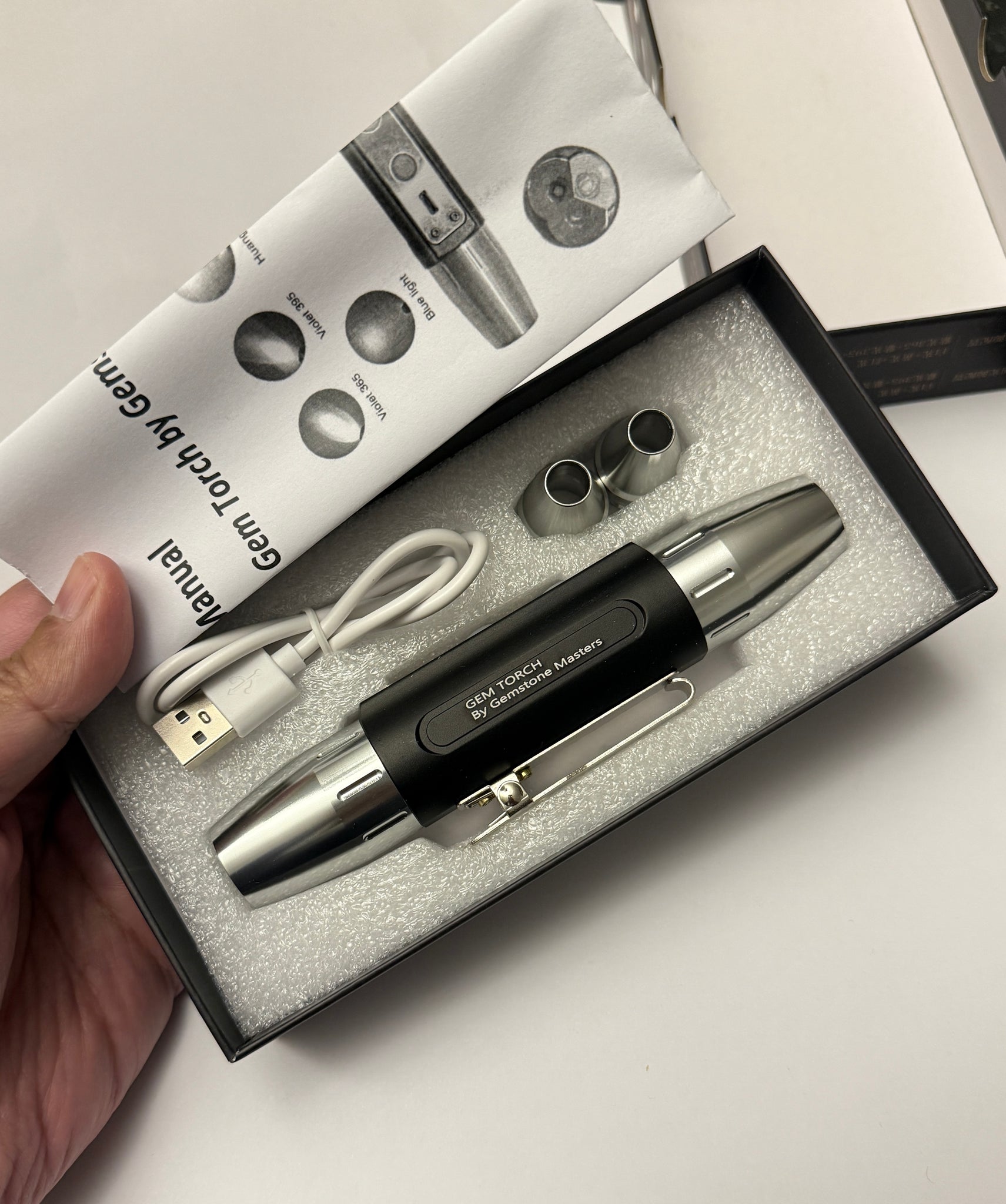 Gem Torch by Gemstone Masters, 6 function gem torch, strong power UV 365nm and 395nm, belt clip and 2 light focusing cones, 98% cri white bulb, 2-year warranty (excluding damage or wear and tear), we are the agents for this. Ships worldwide