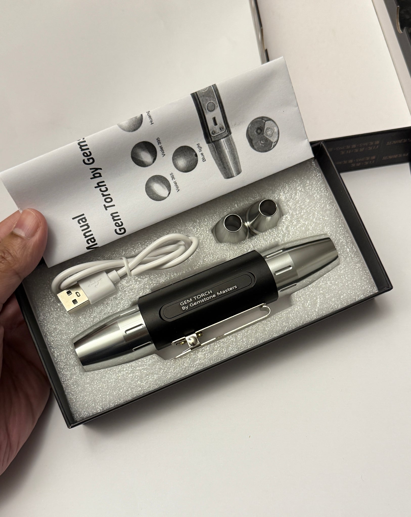 Gem Torch by Gemstone Masters, 6 function gem torch, strong power UV 365nm and 395nm, belt clip and 2 light focusing cones, 98% cri white bulb, 2-year warranty (excluding damage or wear and tear), we are the agents for this. Ships worldwide