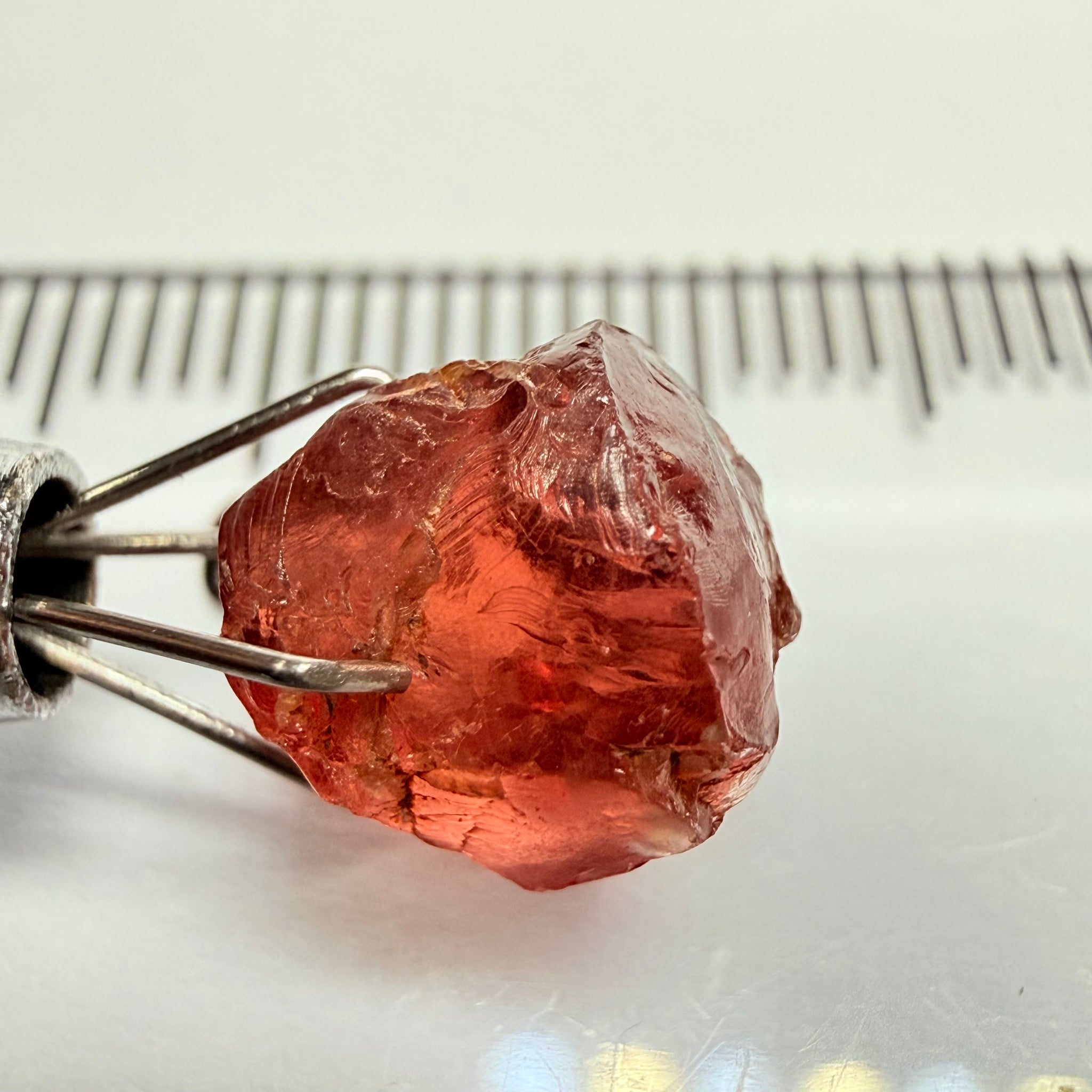 Malaya Garnet, 5.59ct, Tanzania, Untreated Unheated, slight issues on the outside that need to be ground off before faceting, will take off 1/3rd of the stone, rest vvs-if
