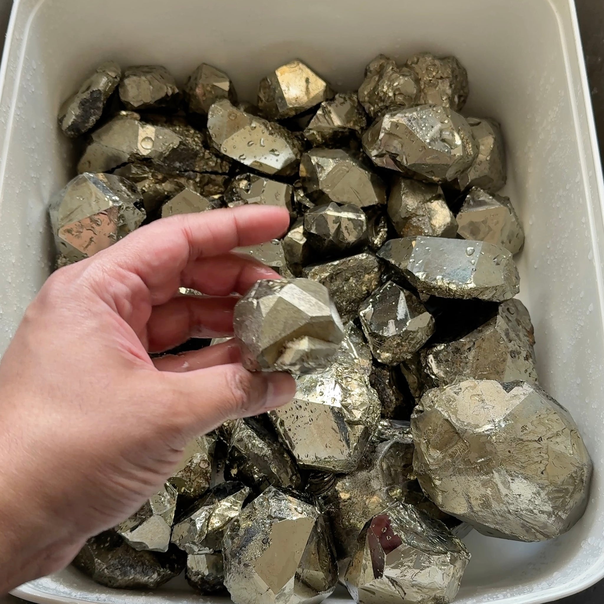 Mirror Shine Pyrite Lot from Merelani Tanzania. These that come from Merelani, show a high, natural mirror finish on the facets, without polishing, these have come out of the ground like this, shown wet, they can be faceted, the lot is 11.10 kilo