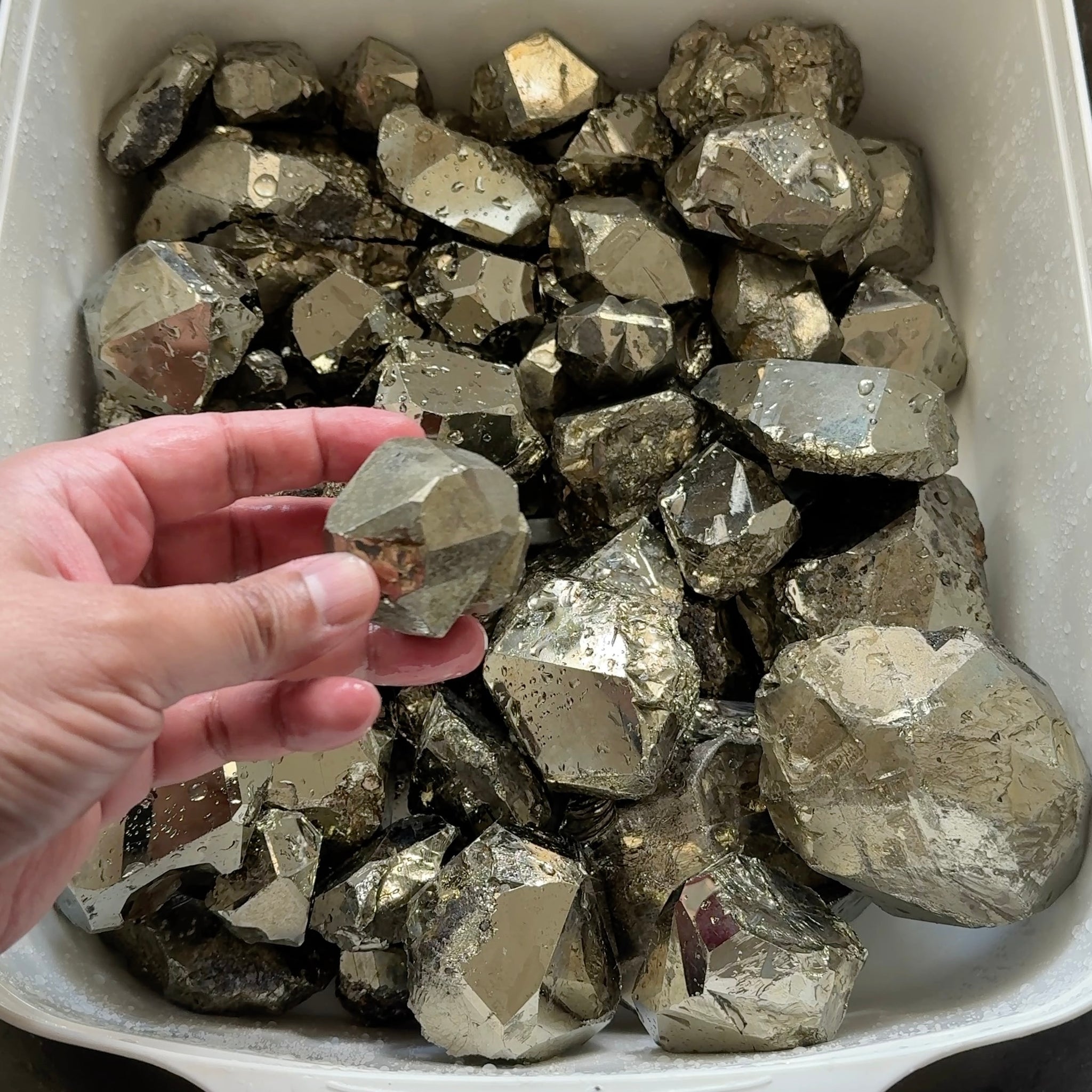 Mirror Shine Pyrite Lot from Merelani Tanzania. These that come from Merelani, show a high, natural mirror finish on the facets, without polishing, these have come out of the ground like this, shown wet, they can be faceted, the lot is 11.10 kilo