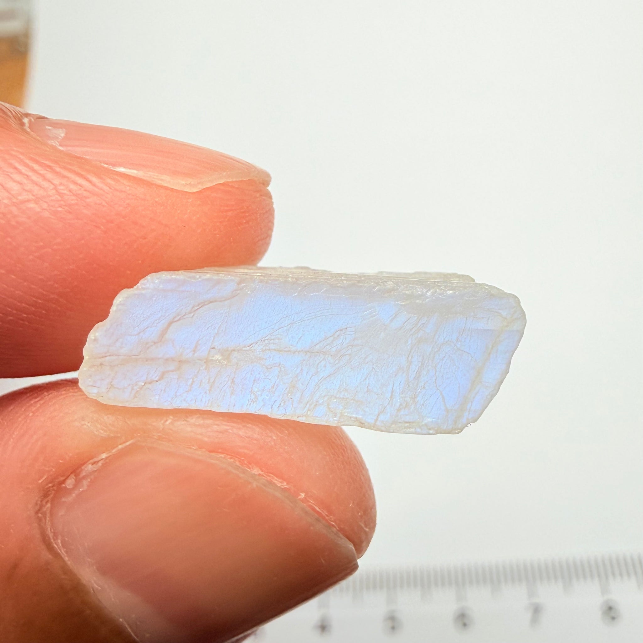 Blue Sheen Moonstone, 12.91ct, Tanzania, Untreated Unheated, mark the angle of the Sheen