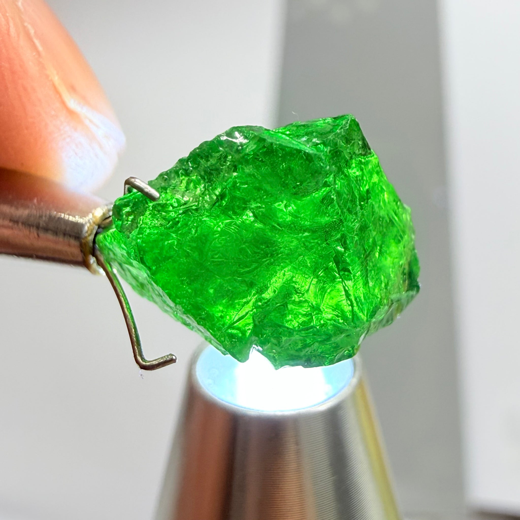 Tsavorite Garnet, 9.32ct, Tanzania, Untreated Unheated. Moderately veiled, see shape, may need to be sliced into 2