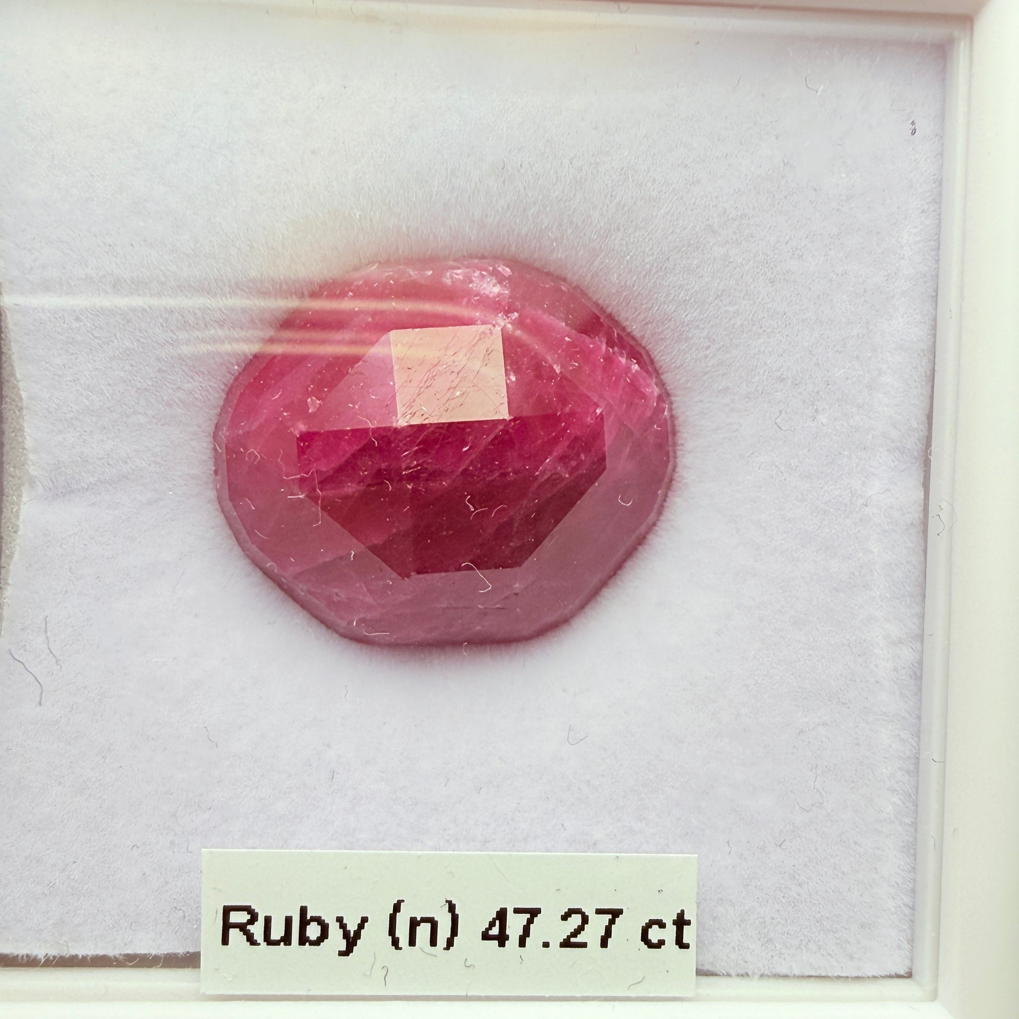 Faceted Ruby Cab, 47.27ct, Longido, Tanzania, UNTREATED, UNHEATED. 21 x 19.5 x 11mm