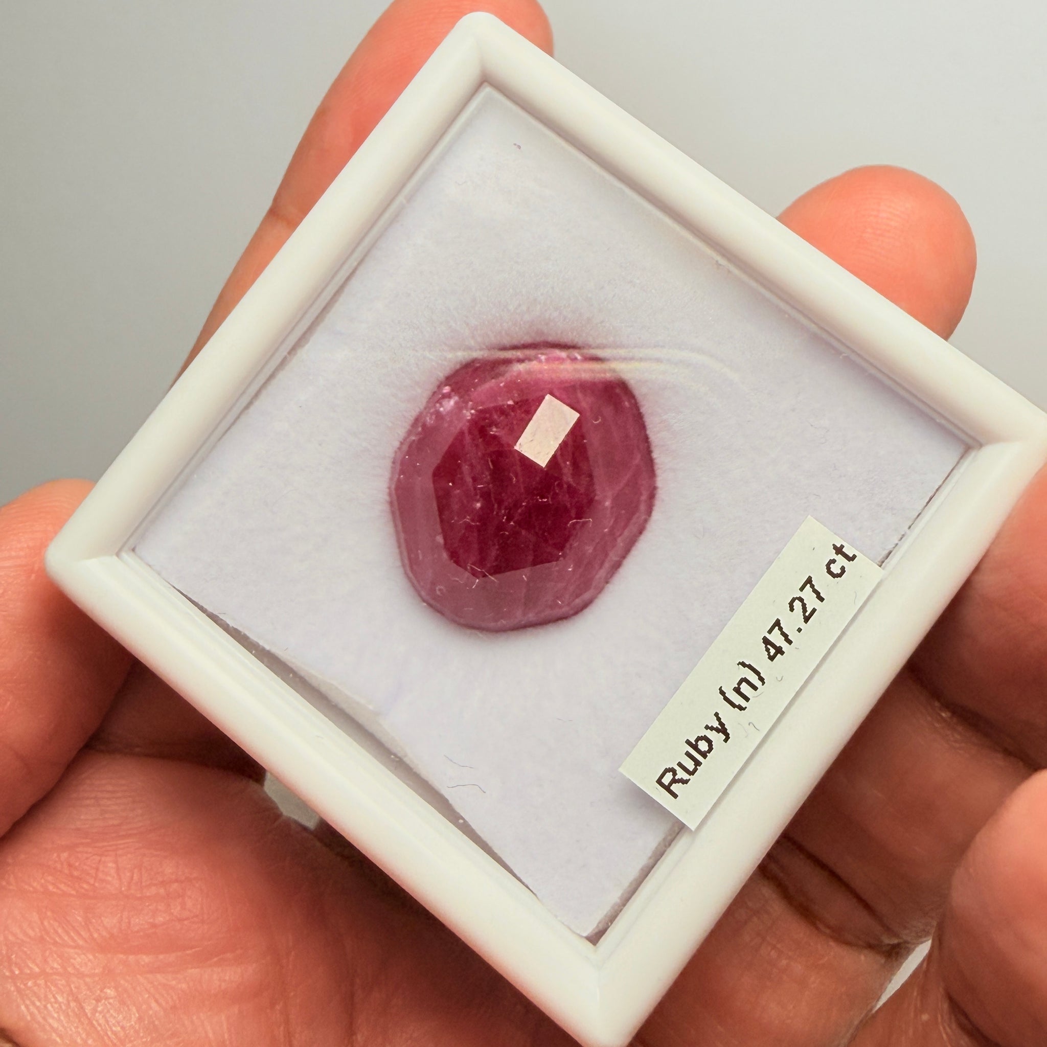 Faceted Ruby Cab, 47.27ct, Longido, Tanzania, UNTREATED, UNHEATED. 21 x 19.5 x 11mm