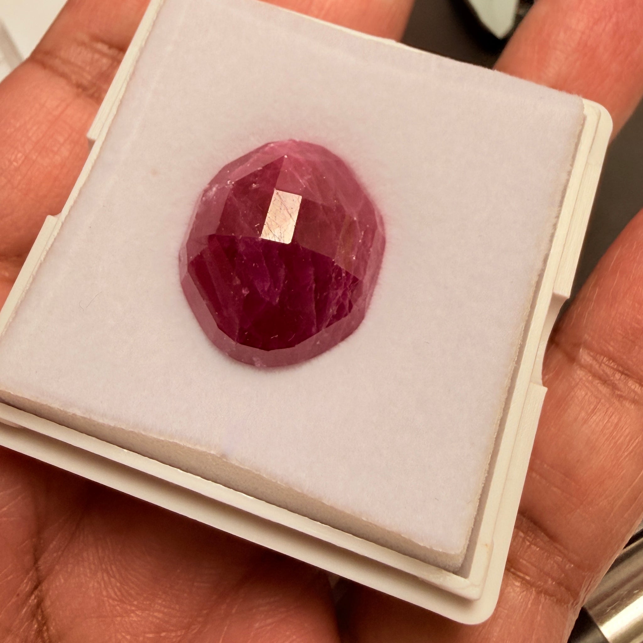 Faceted Ruby Cab, 47.27ct, Longido, Tanzania, UNTREATED, UNHEATED. 21 x 19.5 x 11mm