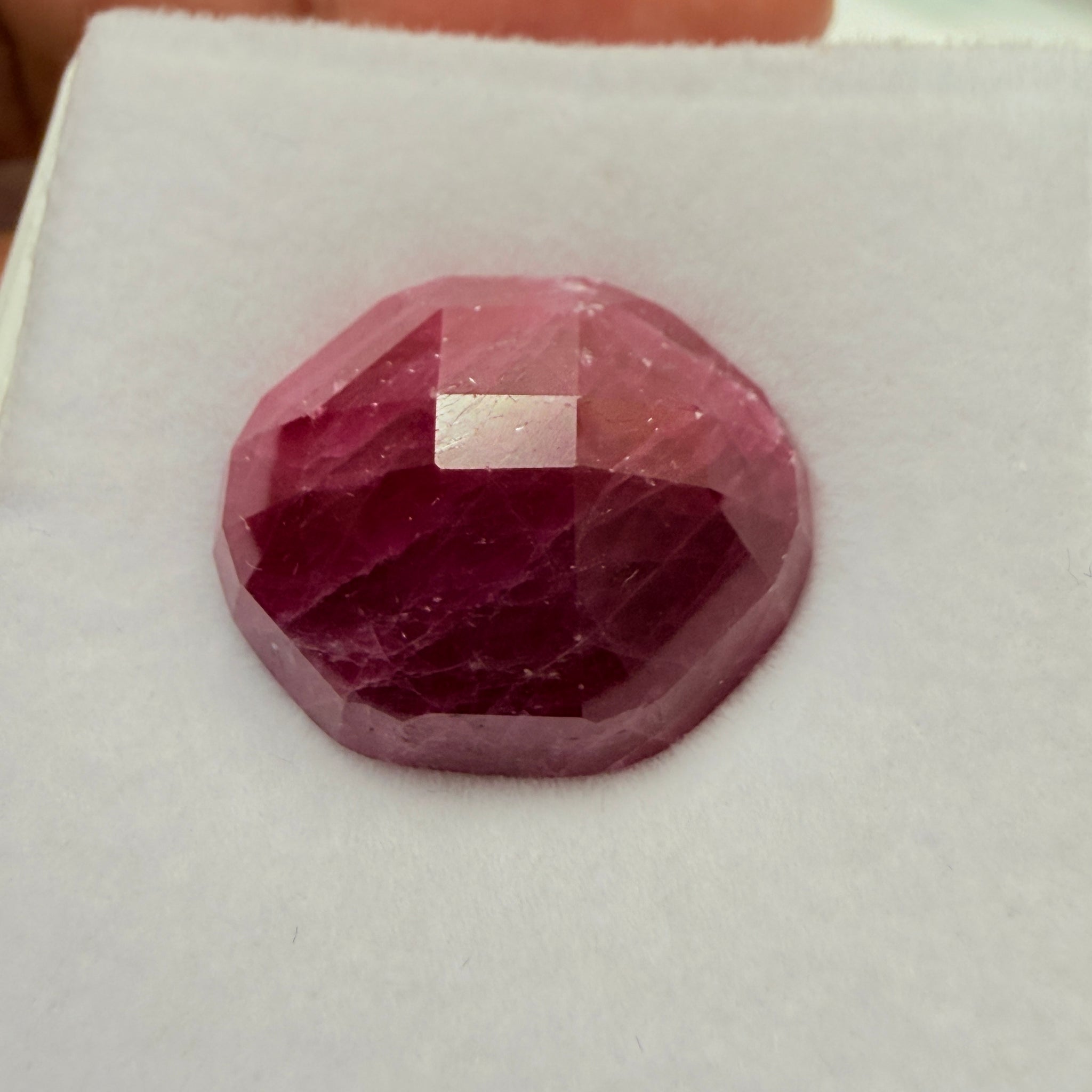 Faceted Ruby Cab, 47.27ct, Longido, Tanzania, UNTREATED, UNHEATED. 21 x 19.5 x 11mm