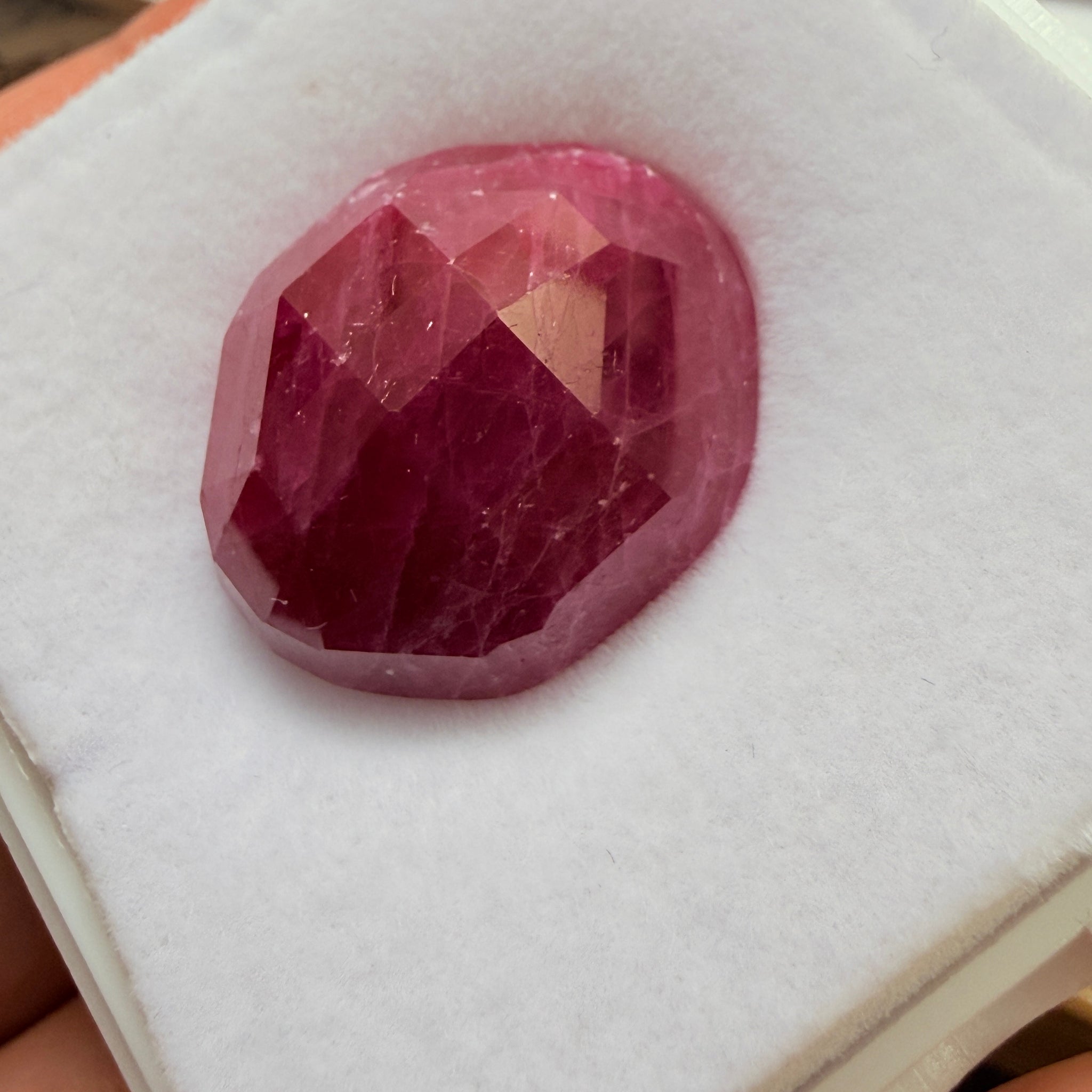 Faceted Ruby Cab, 47.27ct, Longido, Tanzania, UNTREATED, UNHEATED. 21 x 19.5 x 11mm