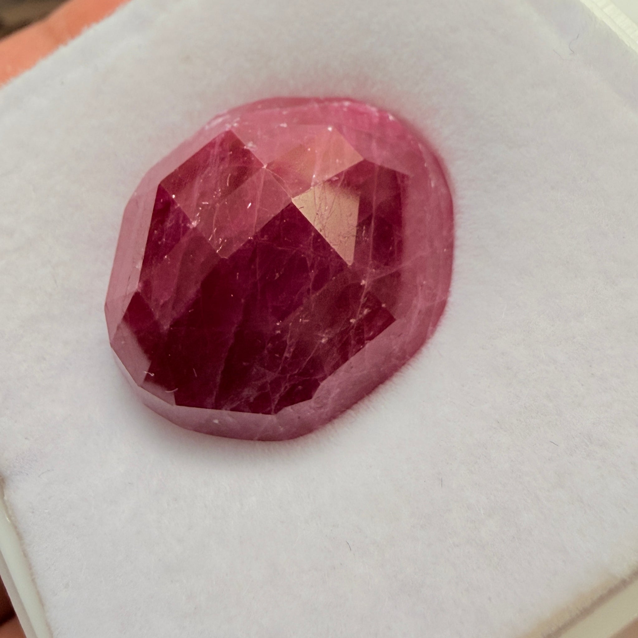 Faceted Ruby Cab, 47.27ct, Longido, Tanzania, UNTREATED, UNHEATED. 21 x 19.5 x 11mm