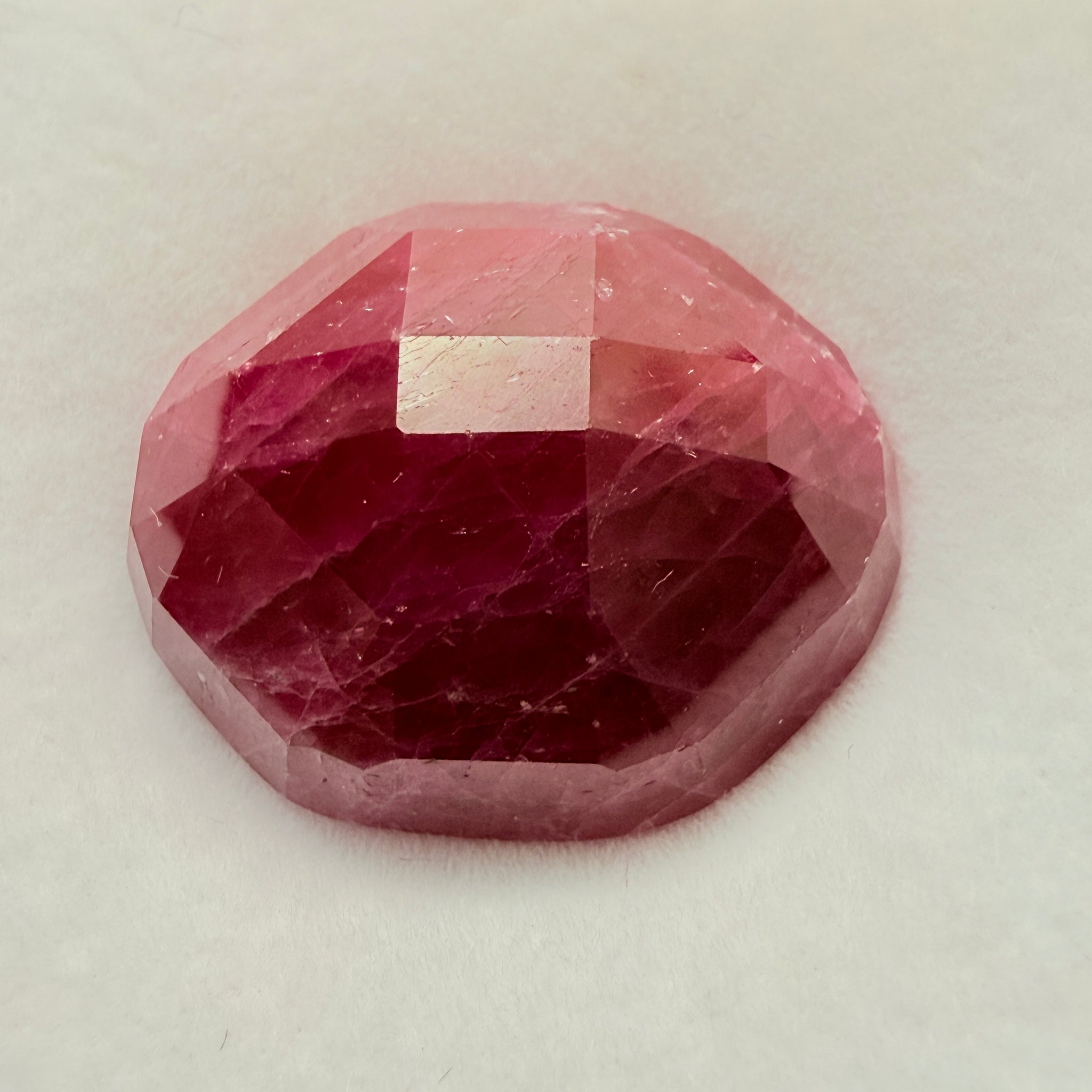 Faceted Ruby Cab, 47.27ct, Longido, Tanzania, UNTREATED, UNHEATED. 21 x 19.5 x 11mm