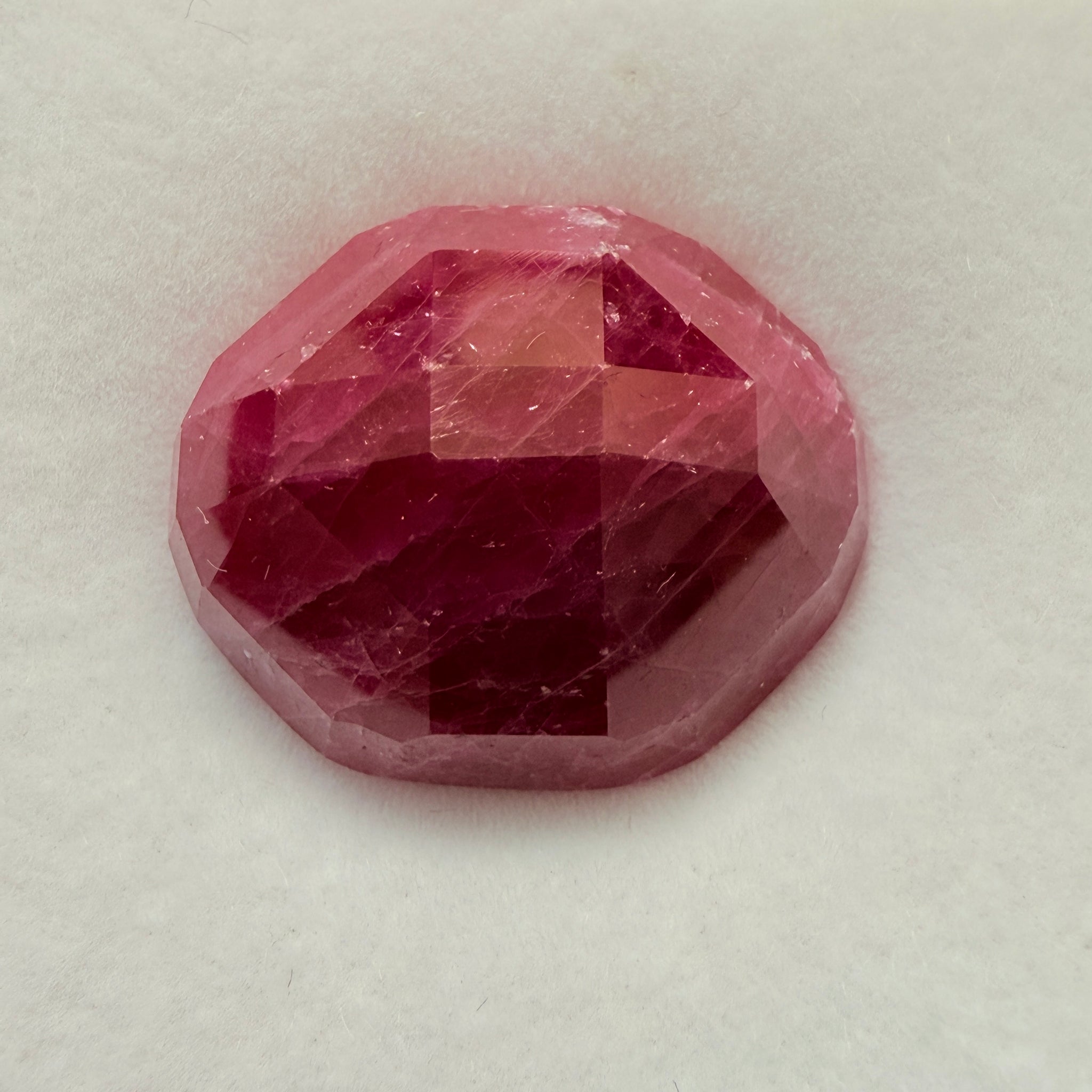 Faceted Ruby Cab, 47.27ct, Longido, Tanzania, UNTREATED, UNHEATED. 21 x 19.5 x 11mm