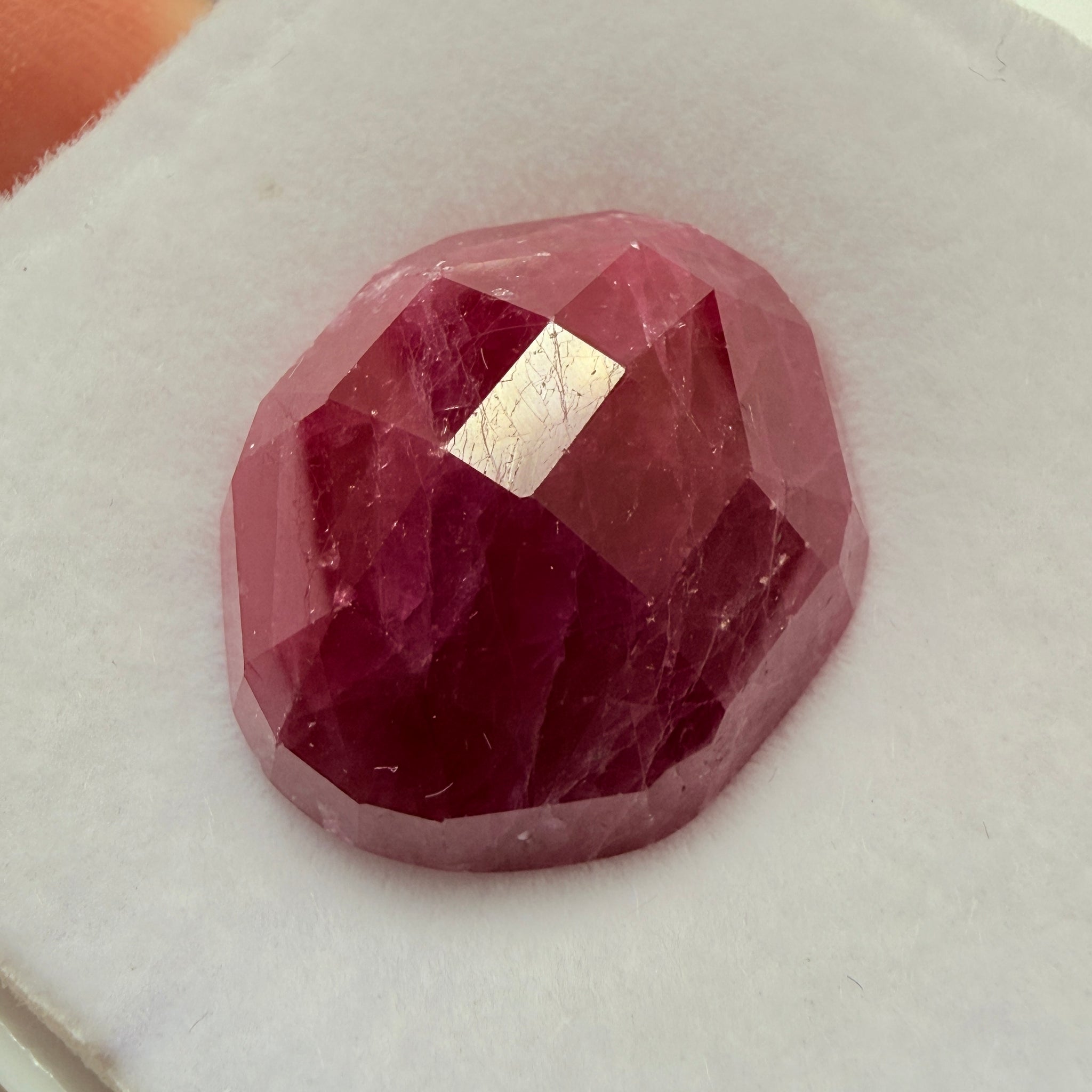Faceted Ruby Cab, 47.27ct, Longido, Tanzania, UNTREATED, UNHEATED. 21 x 19.5 x 11mm