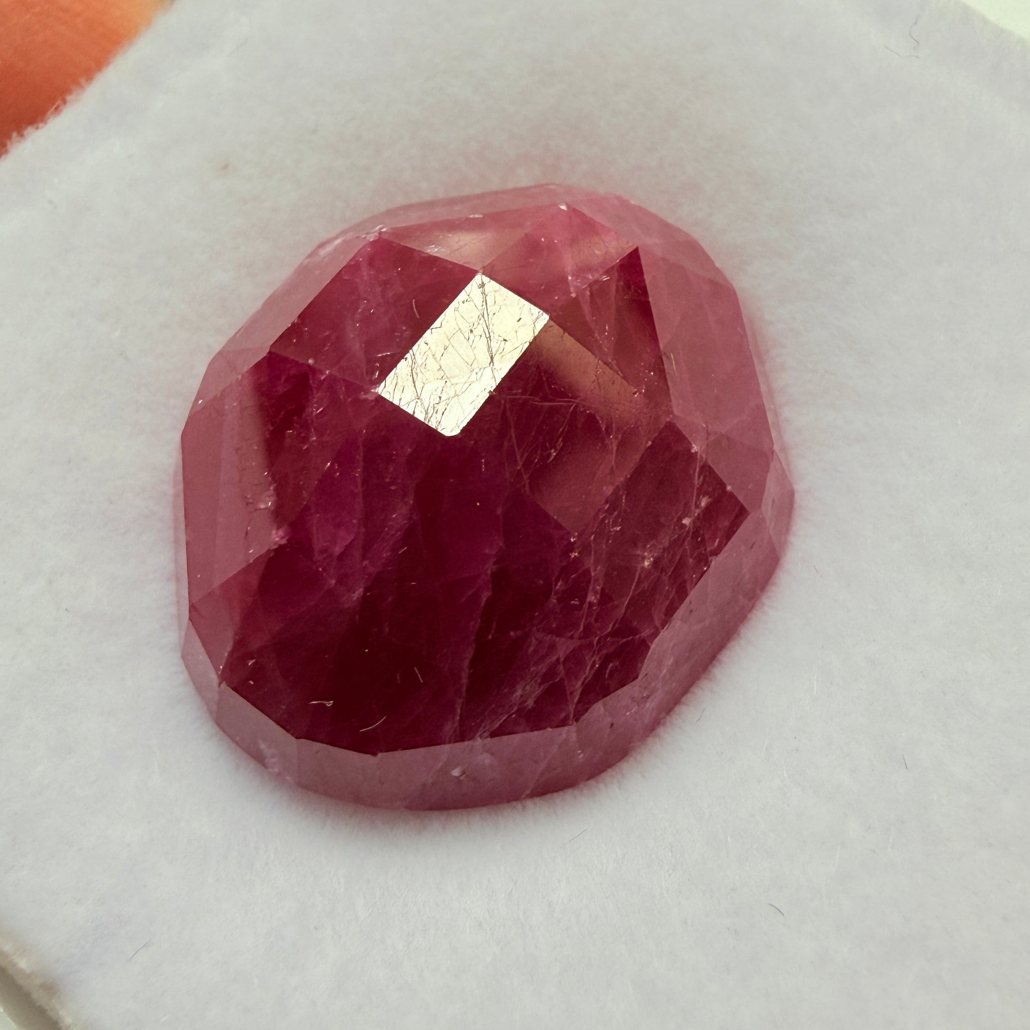 Faceted Ruby Cab, 47.27ct, Longido, Tanzania, UNTREATED, UNHEATED. 21 x 19.5 x 11mm