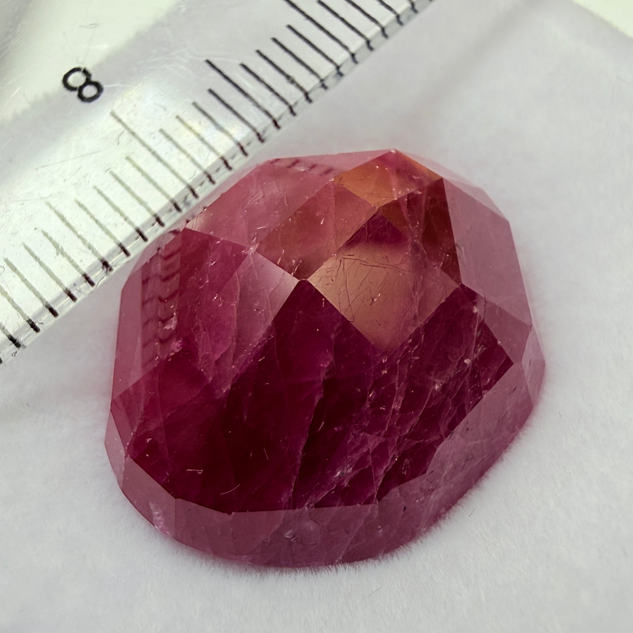 Faceted Ruby Cab, 47.27ct, Longido, Tanzania, UNTREATED, UNHEATED. 21 x 19.5 x 11mm