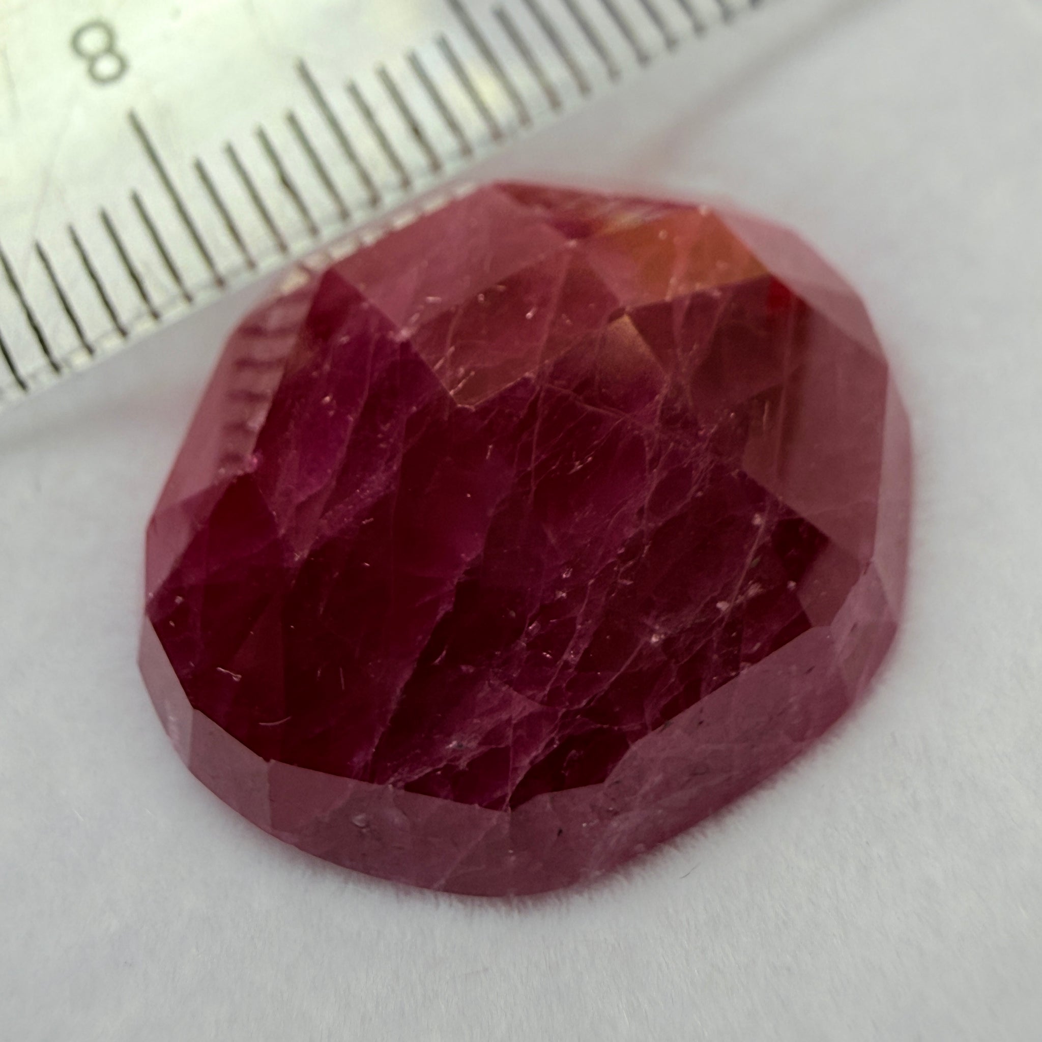 Faceted Ruby Cab, 47.27ct, Longido, Tanzania, UNTREATED, UNHEATED. 21 x 19.5 x 11mm