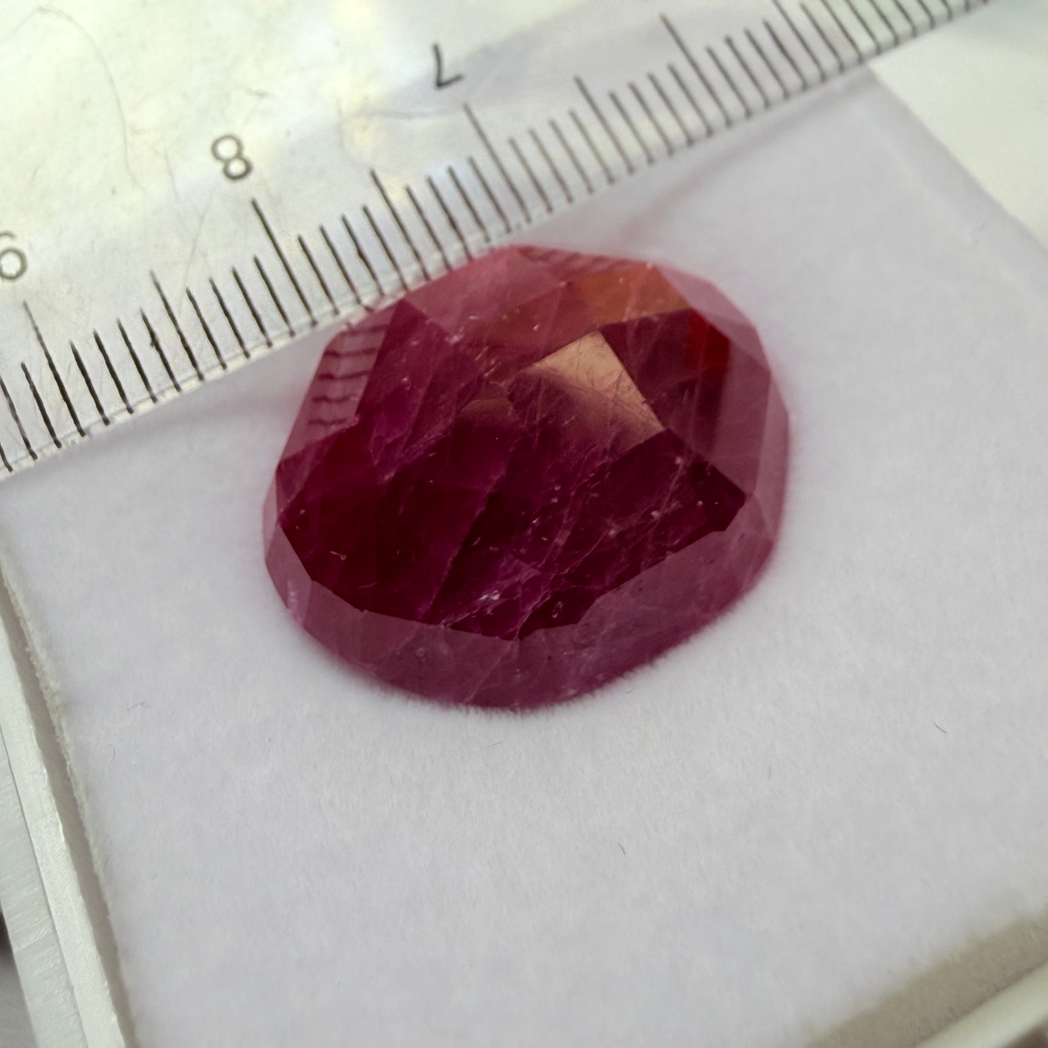 Faceted Ruby Cab, 47.27ct, Longido, Tanzania, UNTREATED, UNHEATED. 21 x 19.5 x 11mm