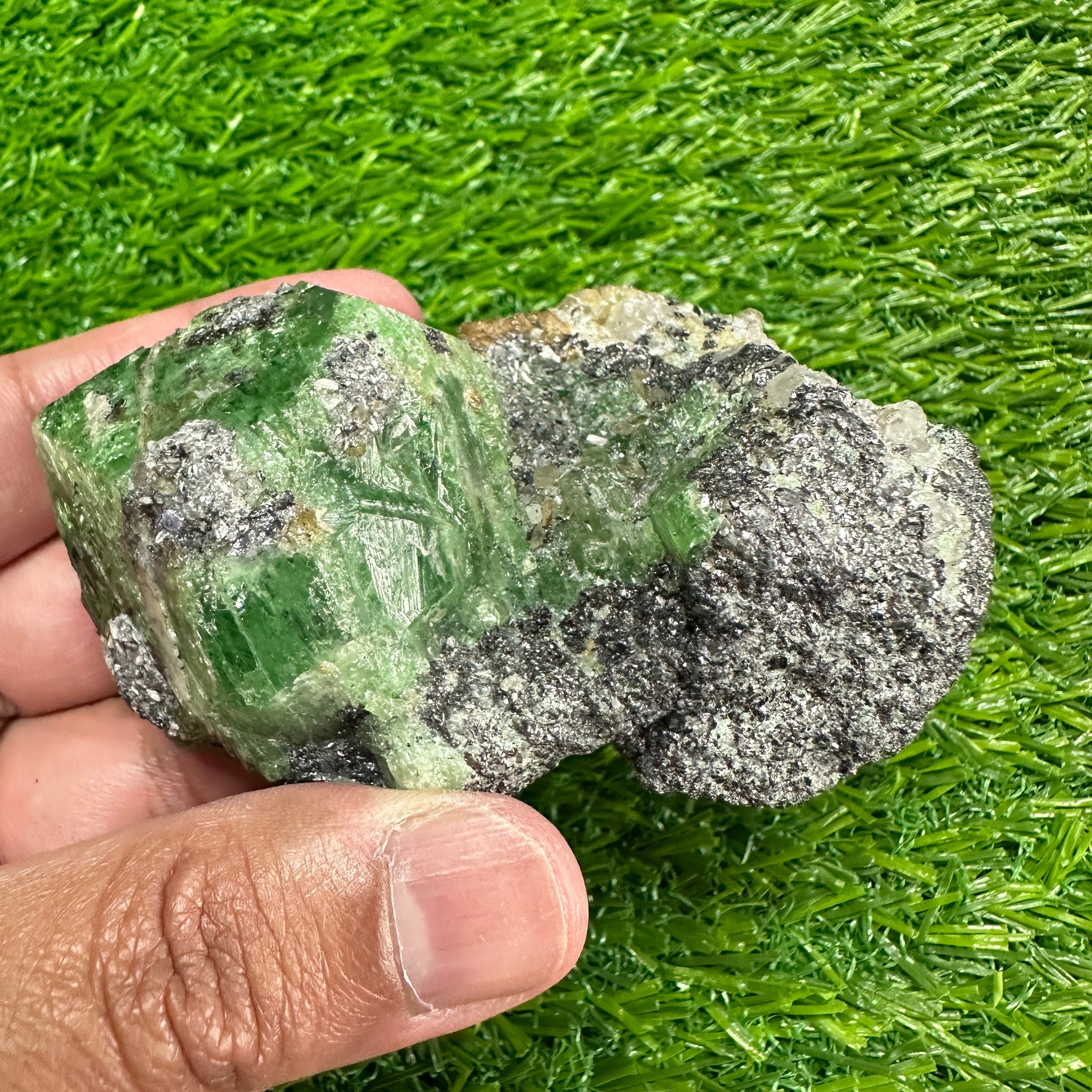 Tsavorite Garnet Crystal on Matrix, 247gm, Merelani, Tanzania, Untreated Unheated