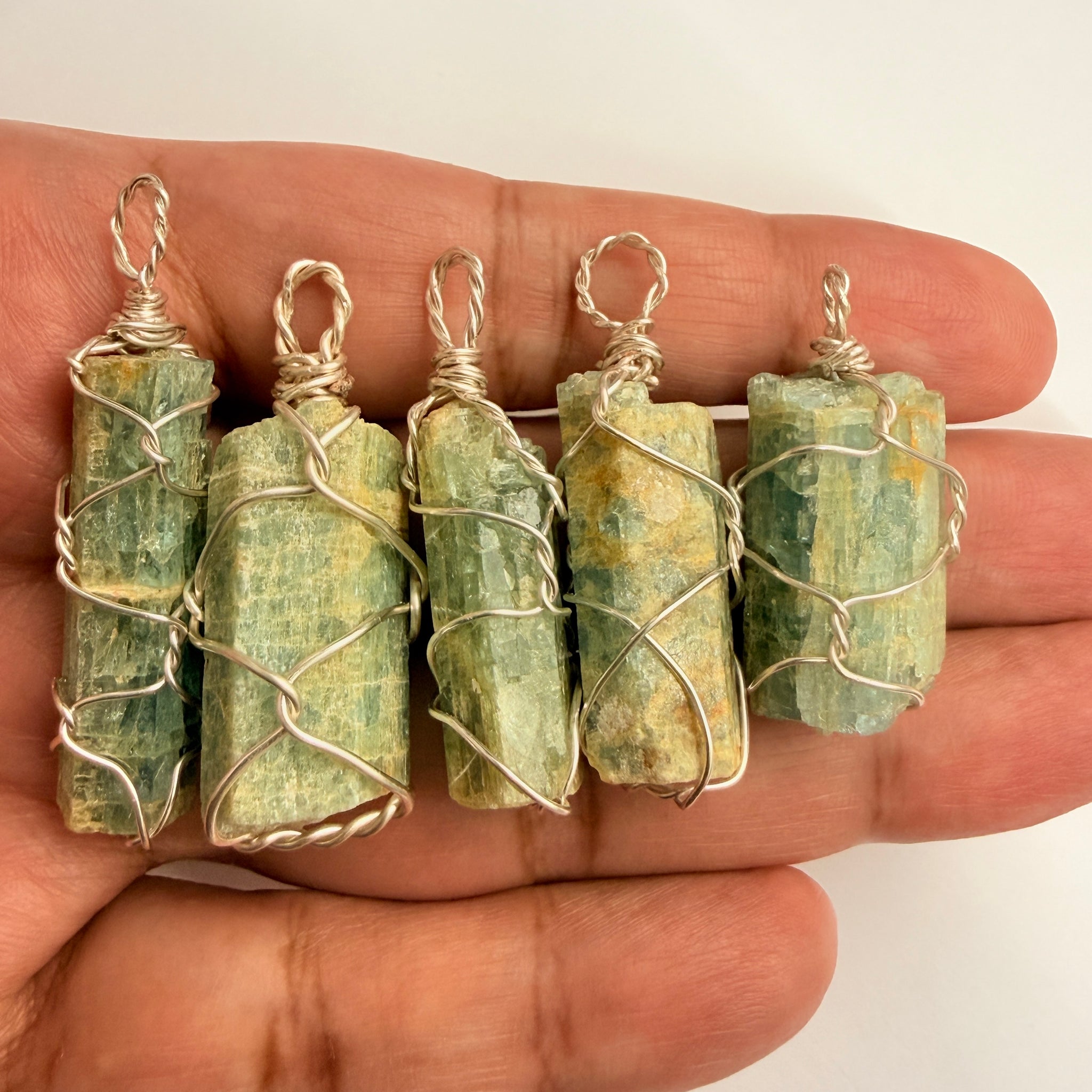 Aquamarine Crystal Wirewrap Pendants Lot, 5 pcs lot, Tanzania, wire is copper with silver coating and non tarnish coat on that