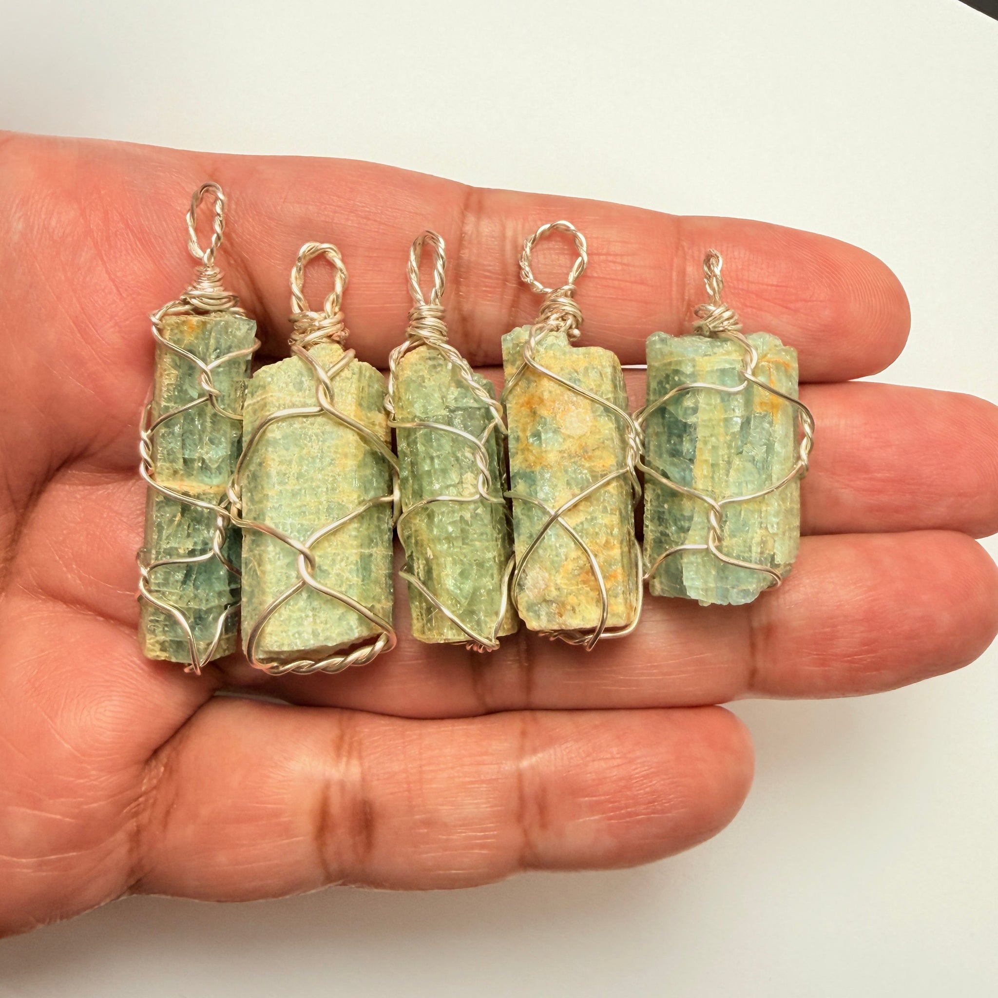 Aquamarine Crystal Wirewrap Pendants Lot, 5 pcs lot, Tanzania, wire is copper with silver coating and non tarnish coat on that