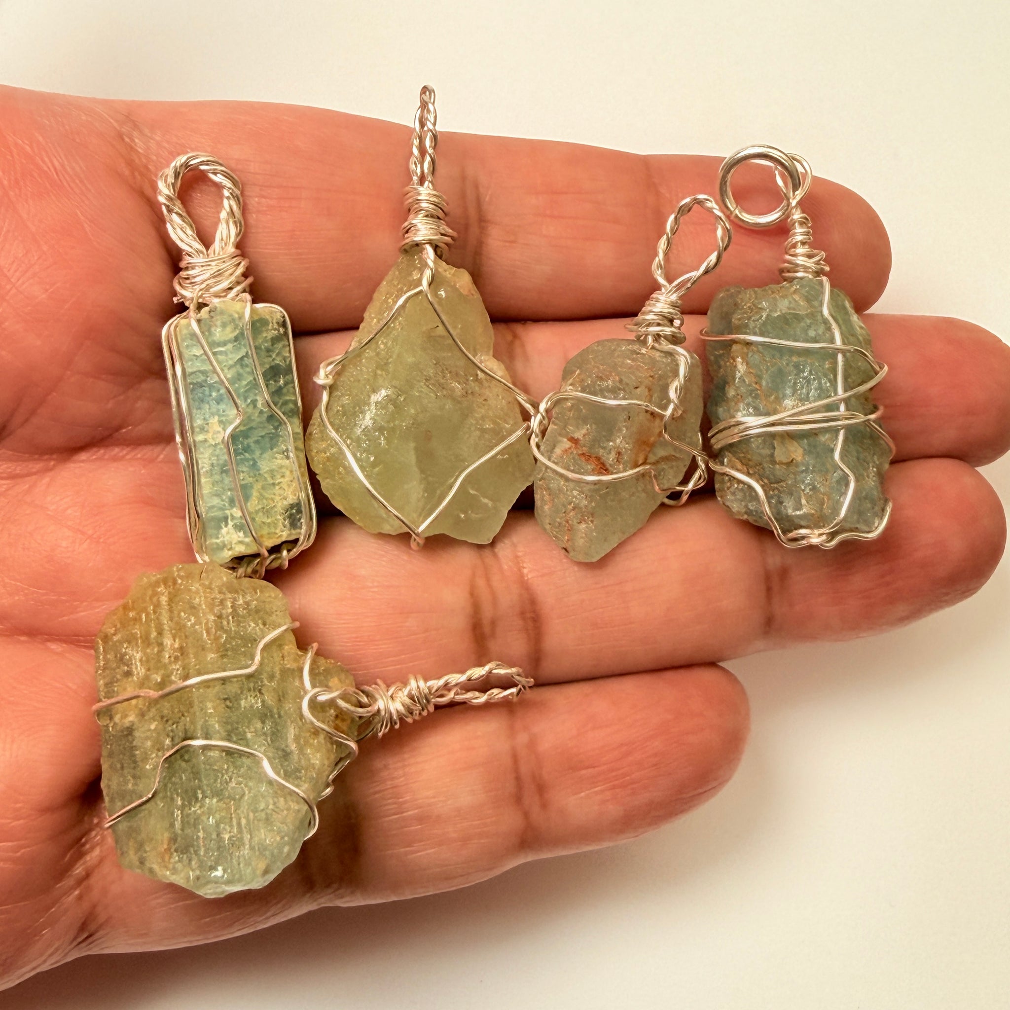 Aquamarine Crystal Wirewrap Pendants Lot, 5 pcs lot, Tanzania, wire is copper with silver coating and non tarnish coat on that