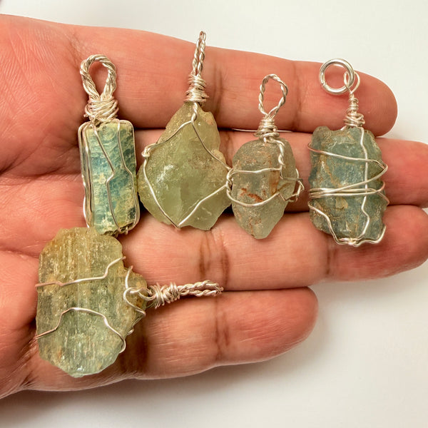 Aquamarine Crystal Wirewrap Pendants Lot, 5 pcs lot, Tanzania, wire is copper with silver coating and non tarnish coat on that