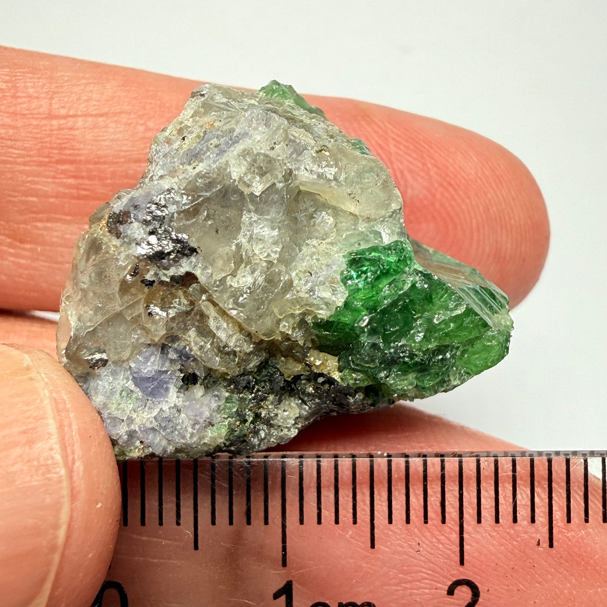 Tsavorite Garnet Crystal with a little bit of Tanzanite, on matrix, 72.31ct, Merelani, Tanzania, Untreated Unheated