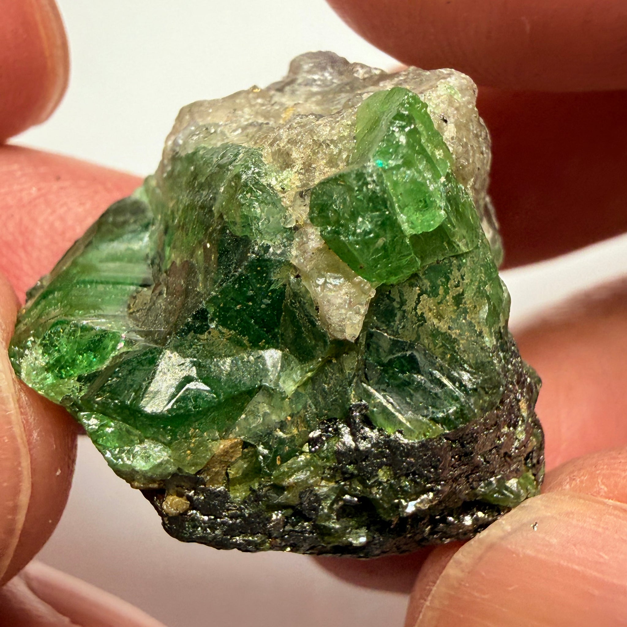 Tsavorite Garnet Crystal with a little bit of Tanzanite, on matrix, 72.31ct, Merelani, Tanzania, Untreated Unheated