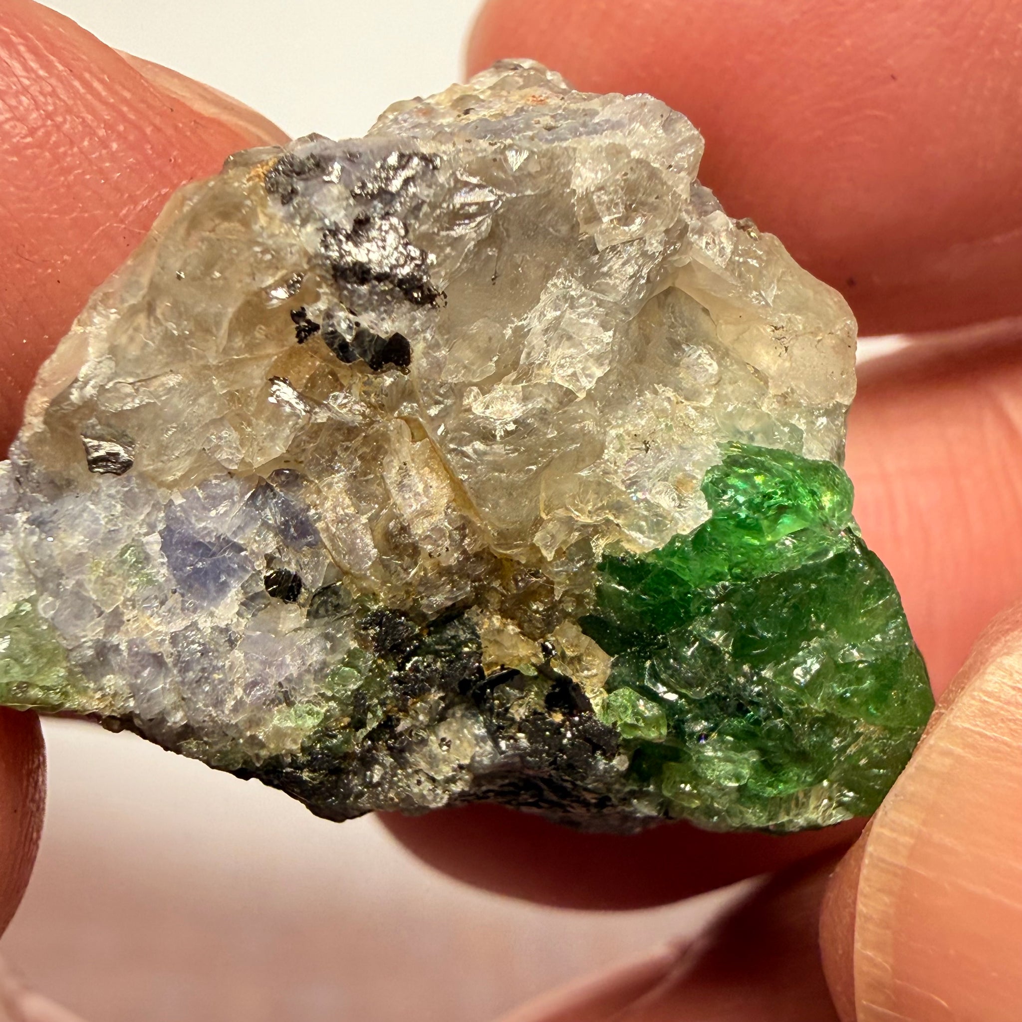 Tsavorite Garnet Crystal with a little bit of Tanzanite, on matrix, 72.31ct, Merelani, Tanzania, Untreated Unheated