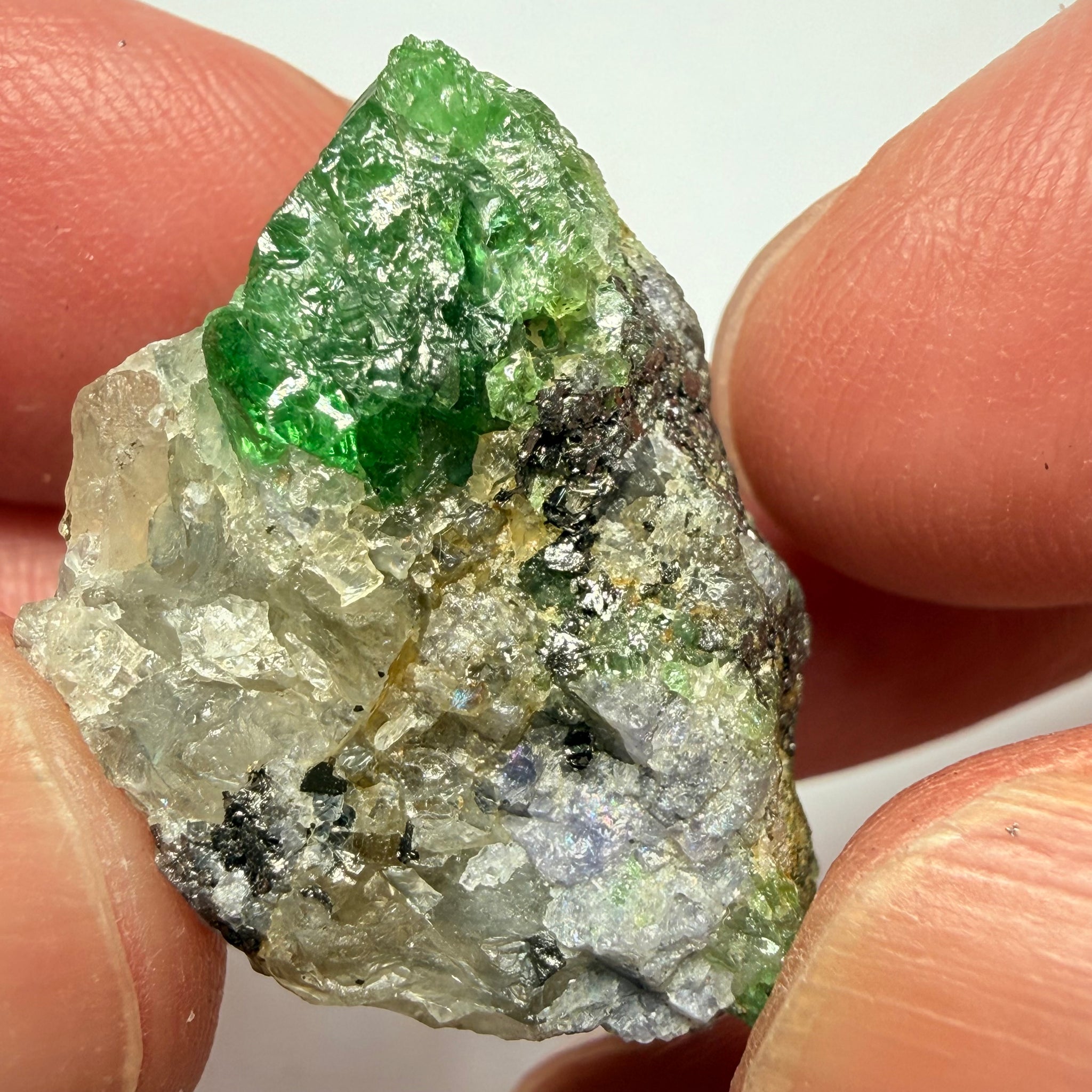 Tsavorite Garnet Crystal with a little bit of Tanzanite, on matrix, 72.31ct, Merelani, Tanzania, Untreated Unheated