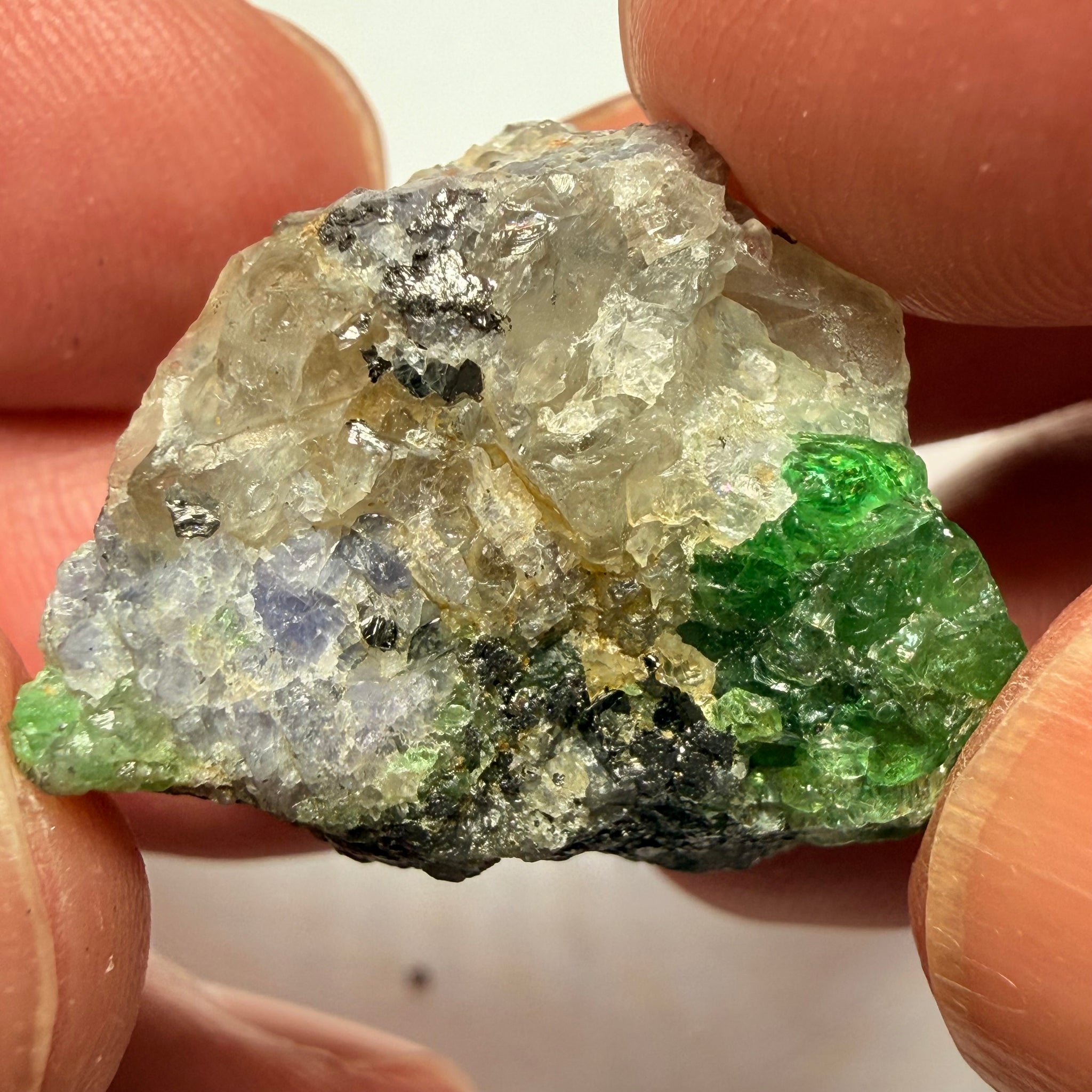 Tsavorite Garnet Crystal with a little bit of Tanzanite, on matrix, 72.31ct, Merelani, Tanzania, Untreated Unheated