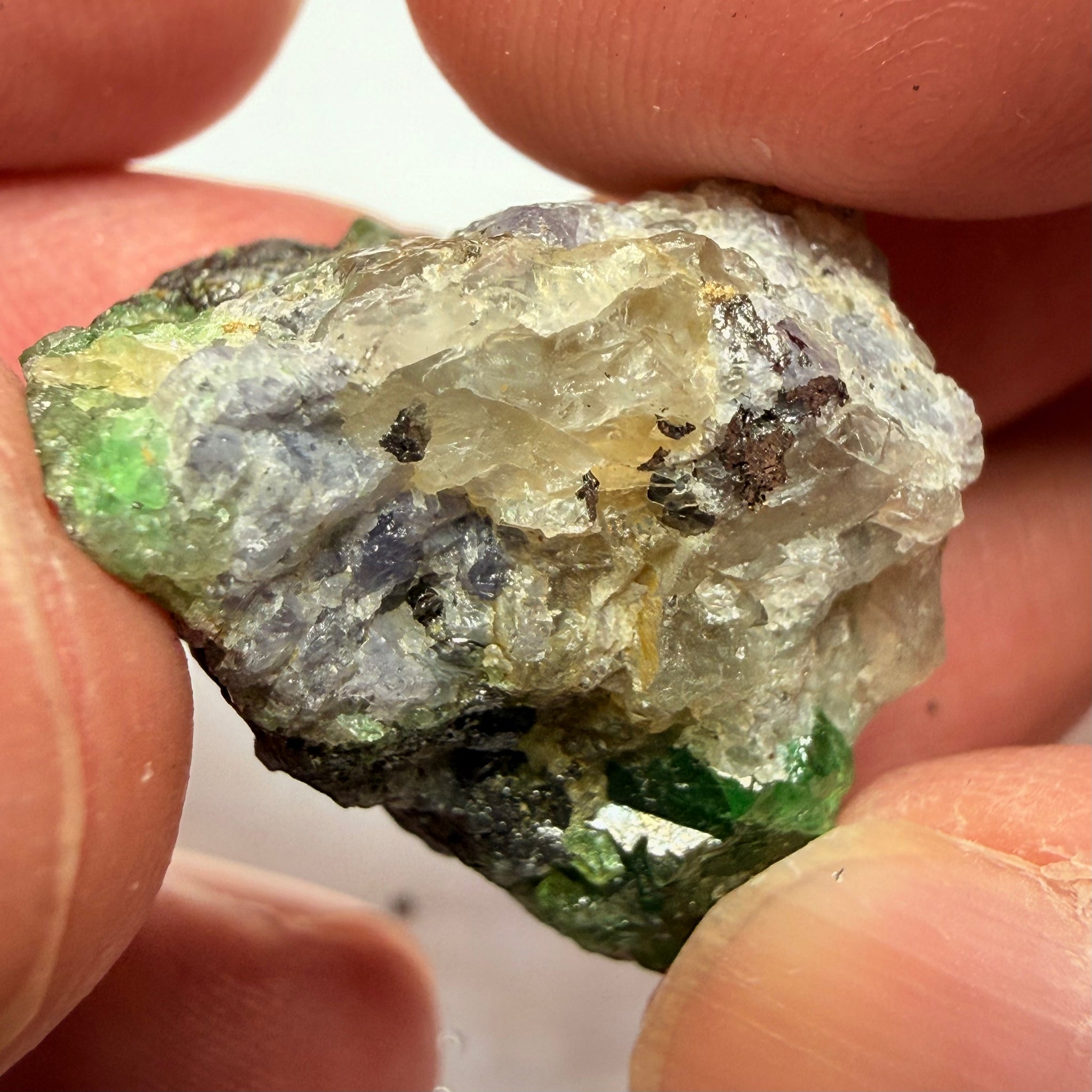 Tsavorite Garnet Crystal with a little bit of Tanzanite, on matrix, 72.31ct, Merelani, Tanzania, Untreated Unheated