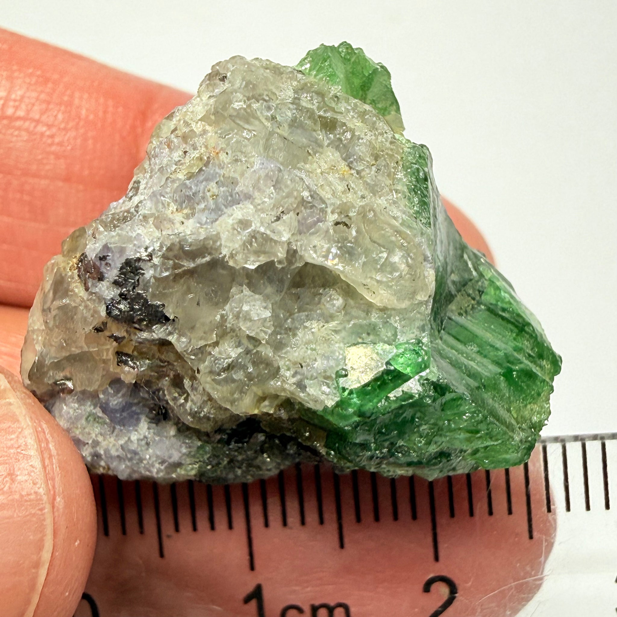 Tsavorite Garnet Crystal with a little bit of Tanzanite, on matrix, 72.31ct, Merelani, Tanzania, Untreated Unheated