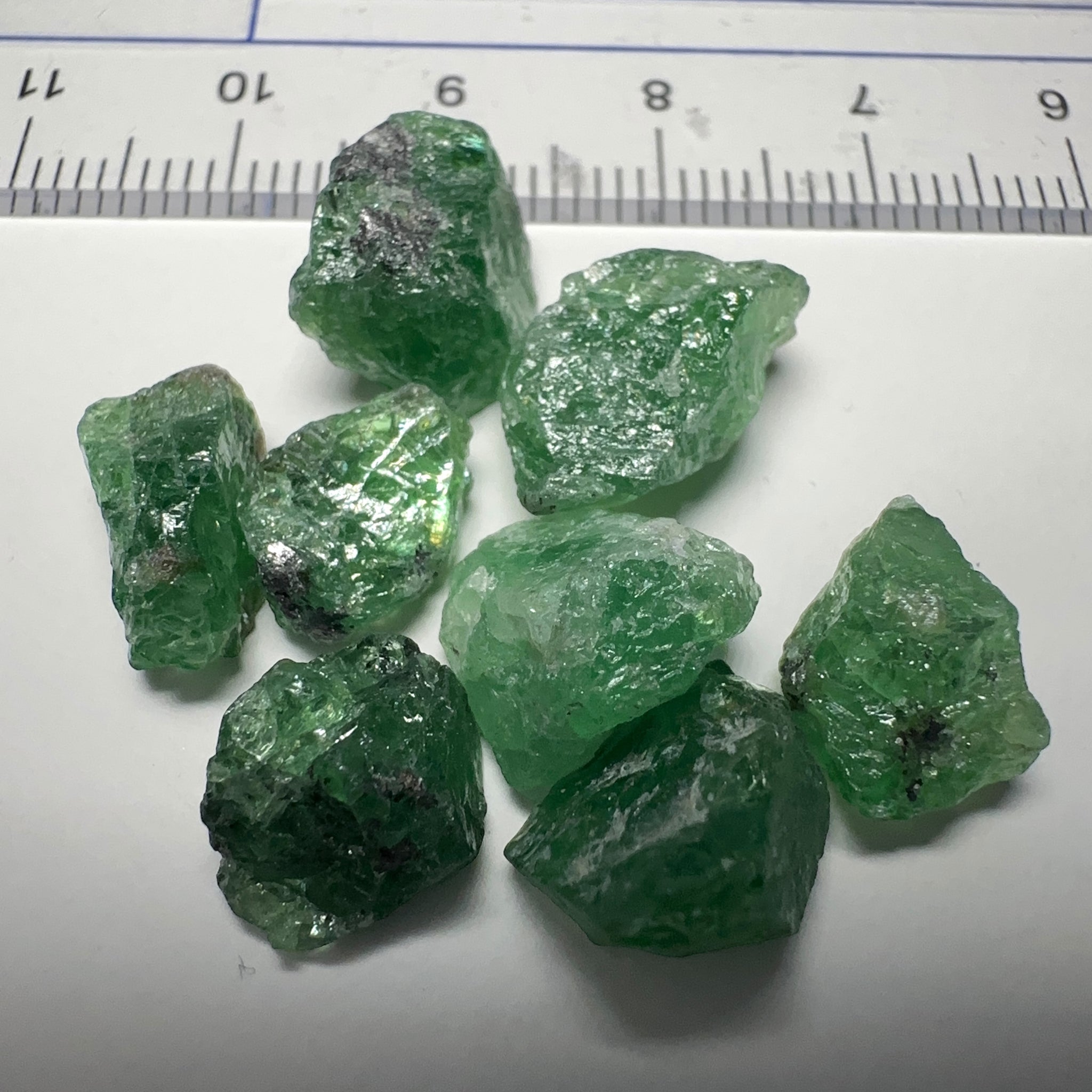 Tsavorite Garnet Lot, 41.24ct, Tanzania. Untreated Unheated. 3.23ct - 7.13ct. All included, slightly transparent, good for setting in jewellery as is or as specimens to add to a collection